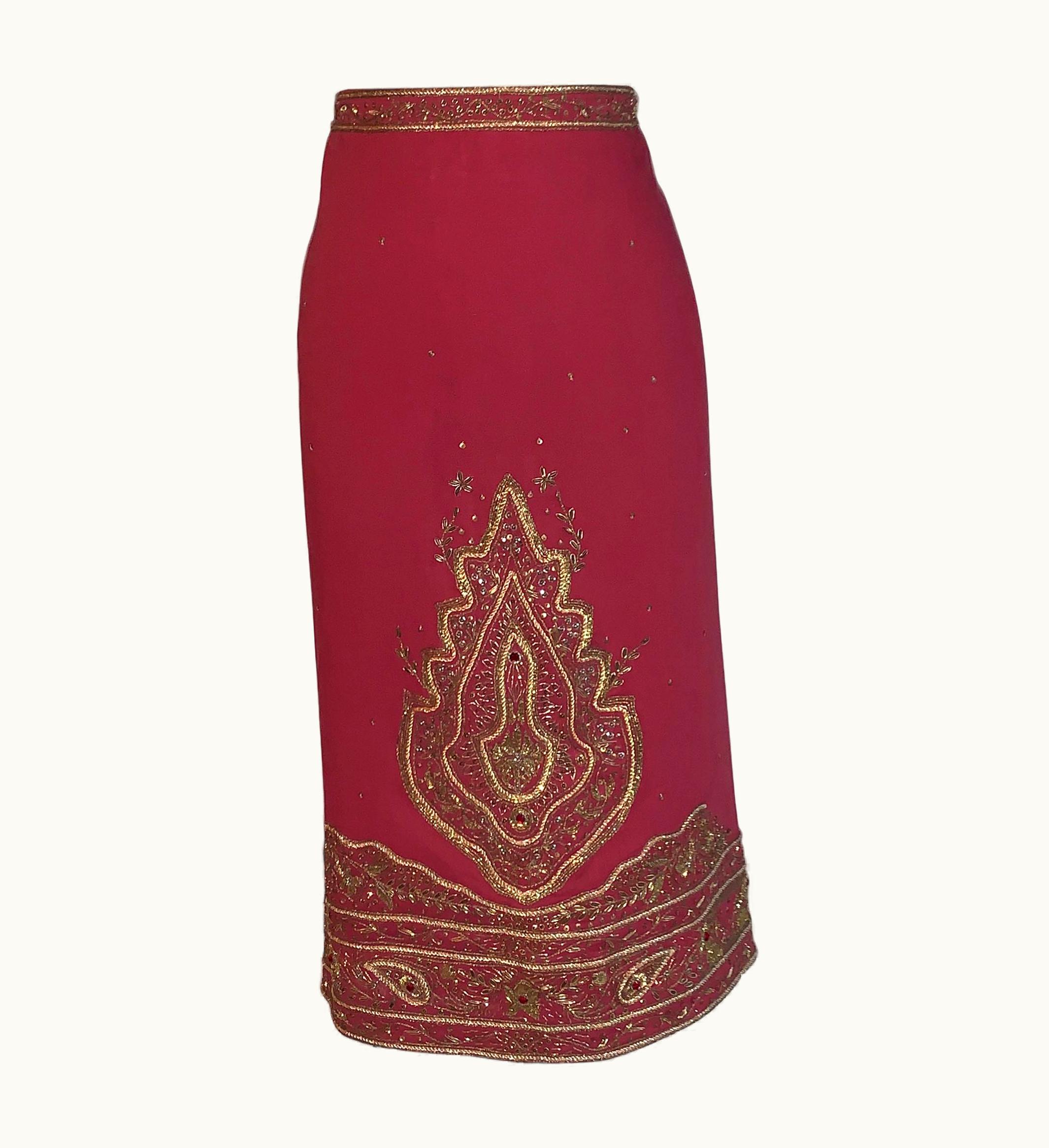 Alexander McQueen Alexander Mcqueen 2004 Gold Embellished Burgundy Red Pencil Skirt