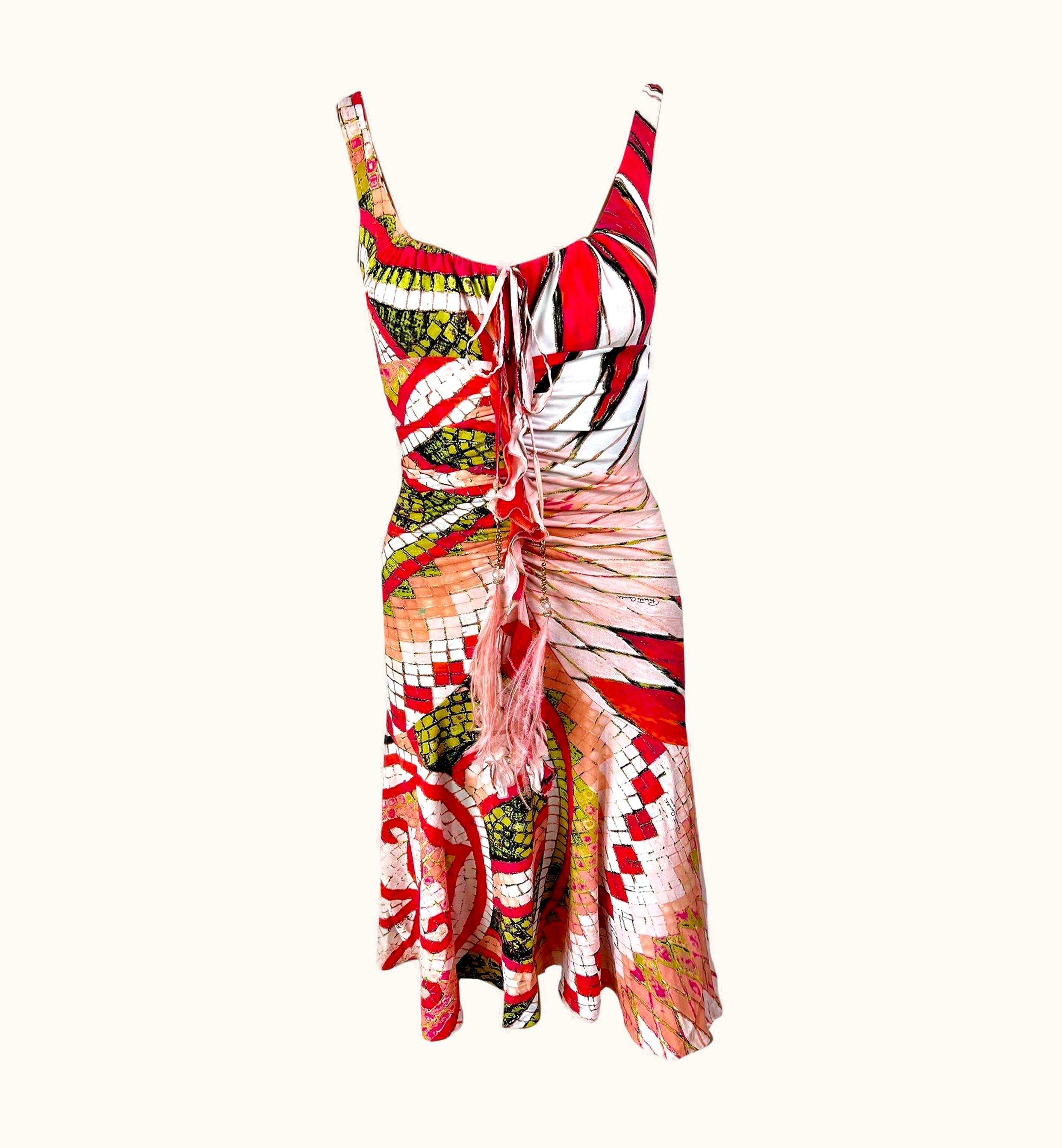 Roberto Cavalli Roberto Cavalli S/S 2004 Plunging Neckline Embellished Feathers Dress