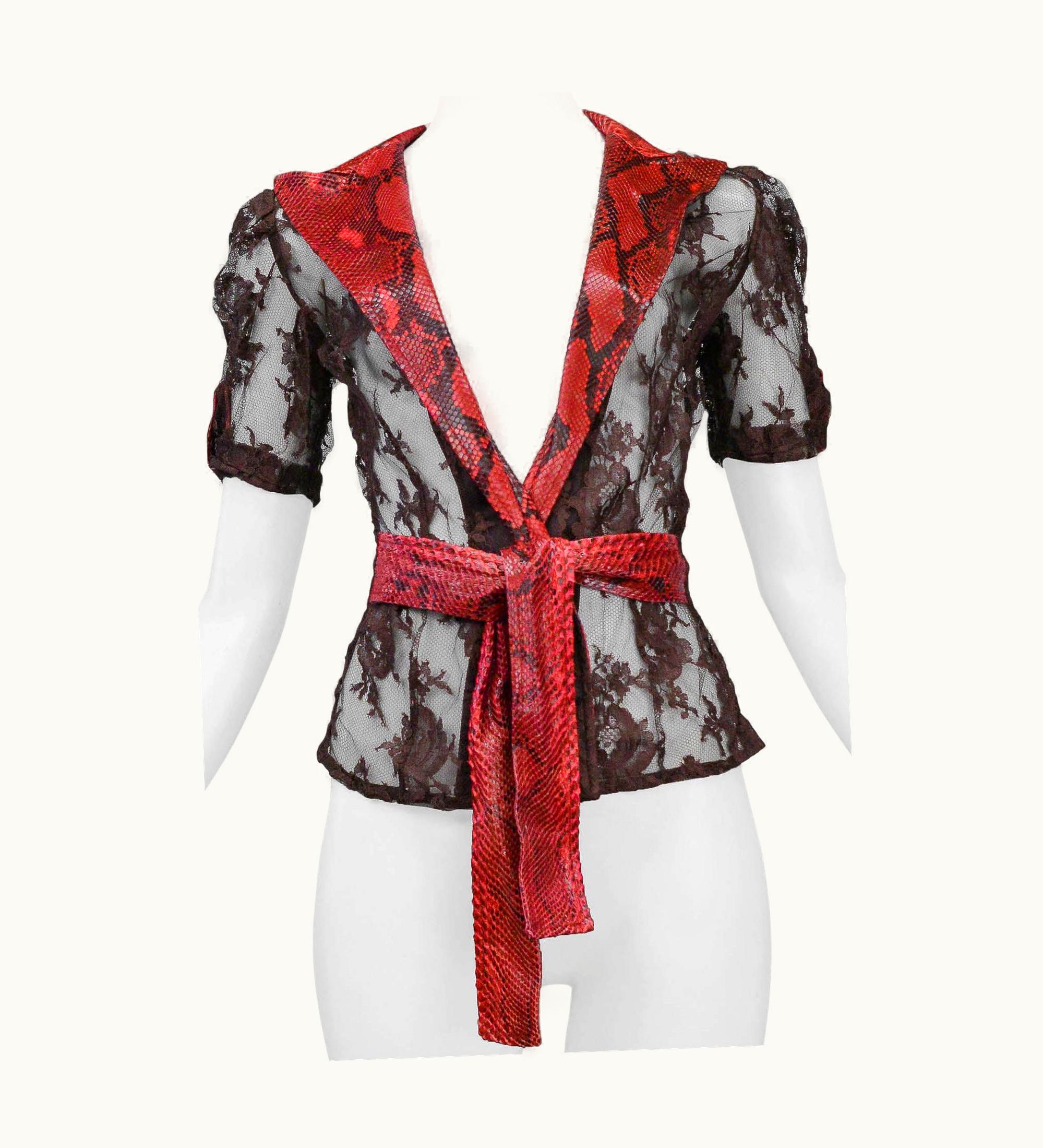 Dolce & Gabbana Dolce & Gabbana Brown Lace Top With Red Python Trim 2005