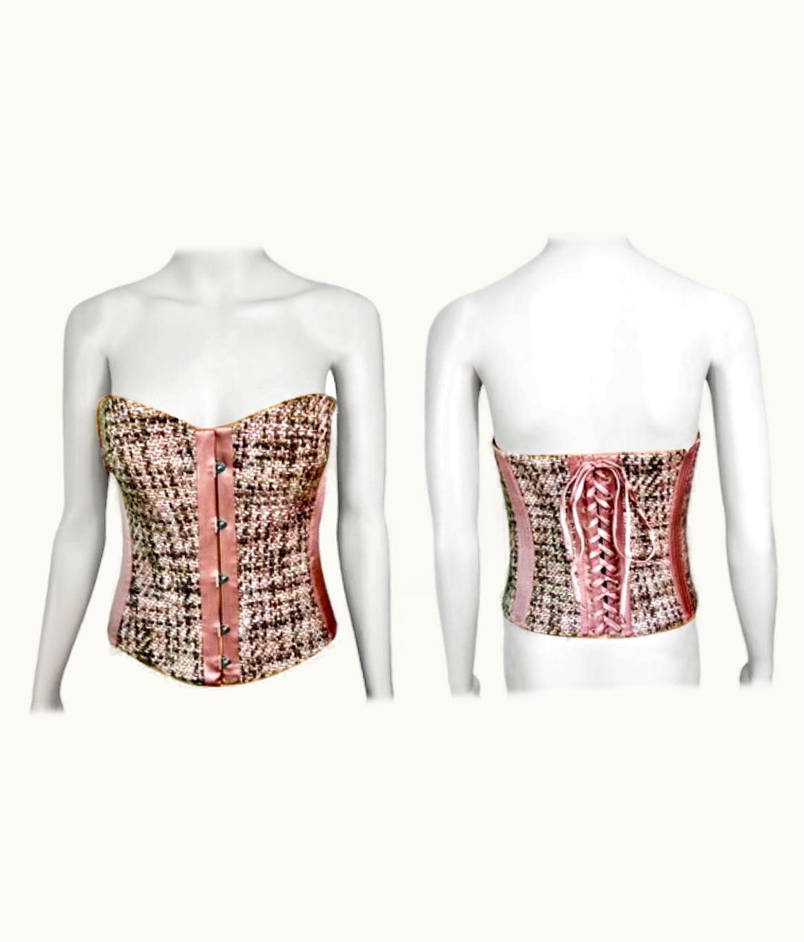 Roberto Cavalli Roberto Cavalli C.2005 Bustier Tweed Satin Lace Up Corset Top