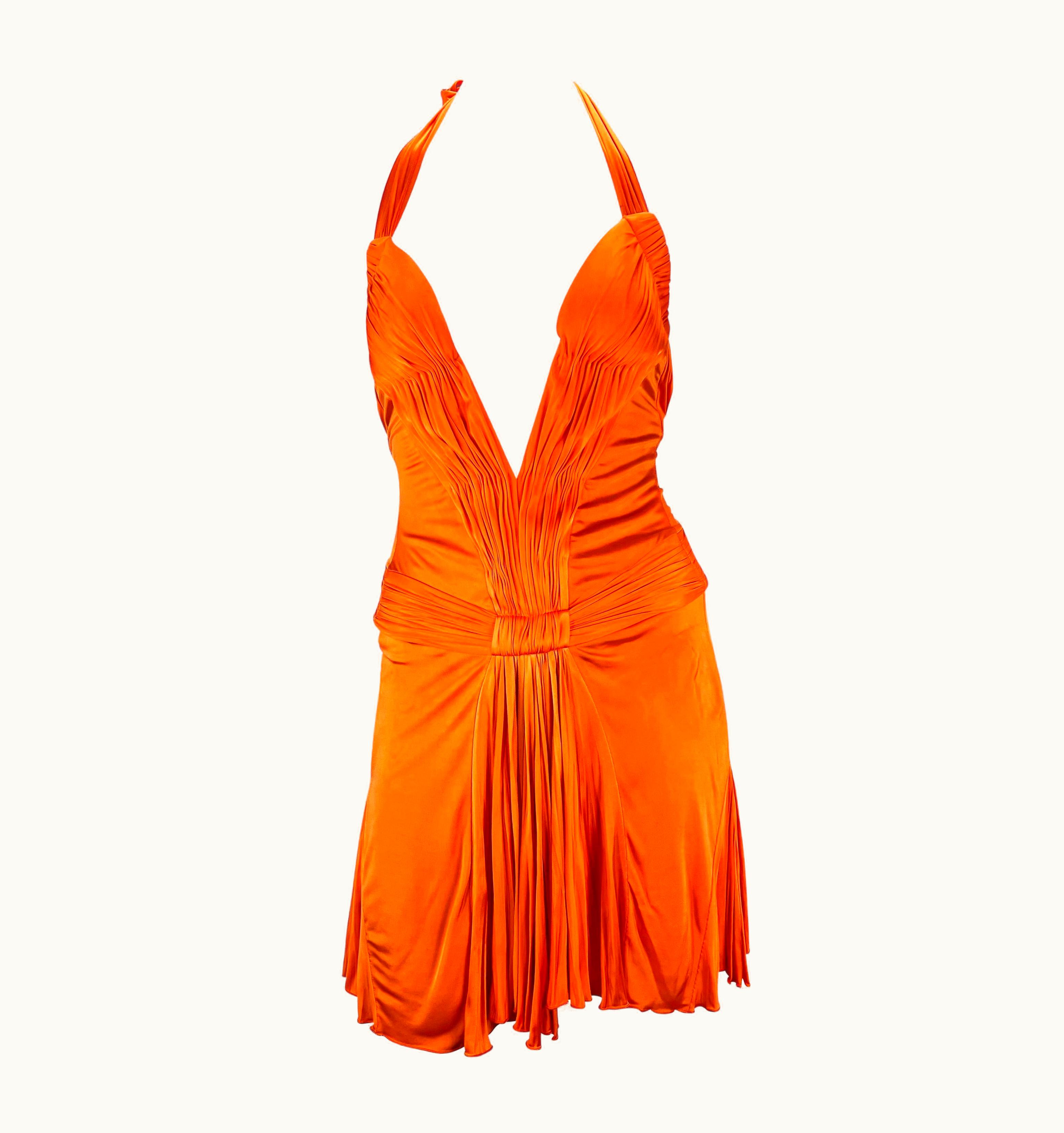 Roberto Cavalli S/S 2005 Roberto Cavalli Plunging Orange Corseted Backless Viscose Mini Dress