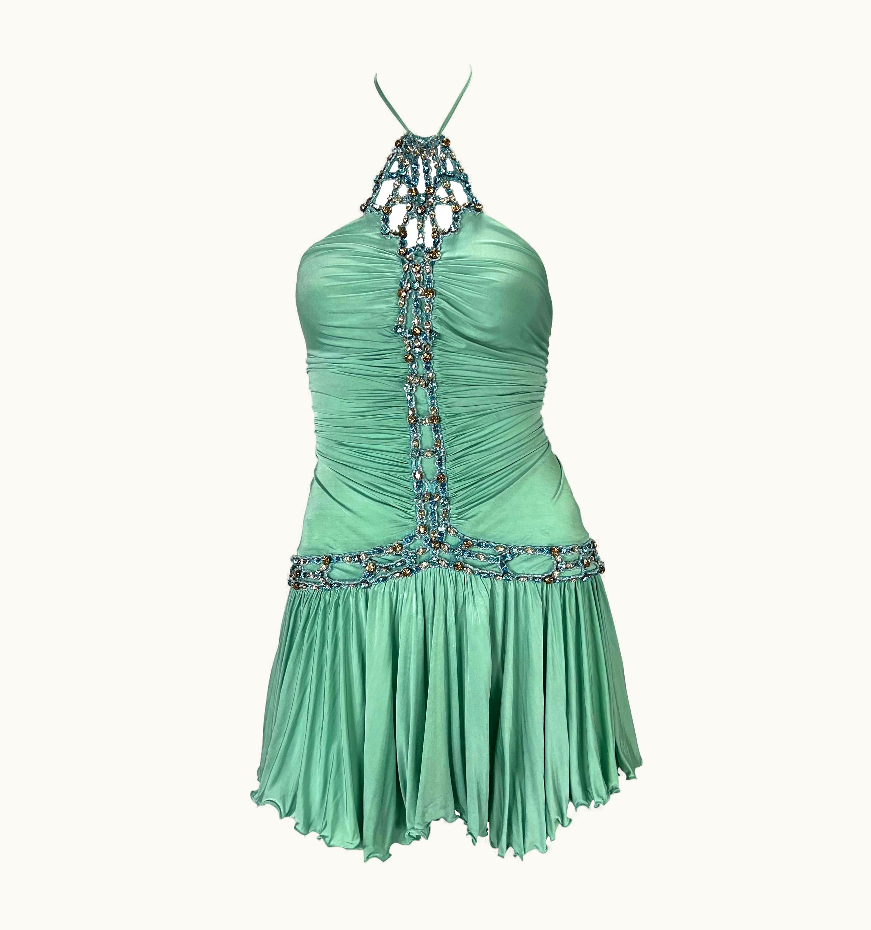 Roberto Cavalli S/S 2005 Roberto Cavalli Light Blue Rhinestone Ruched Stretch Flare Mini Dress