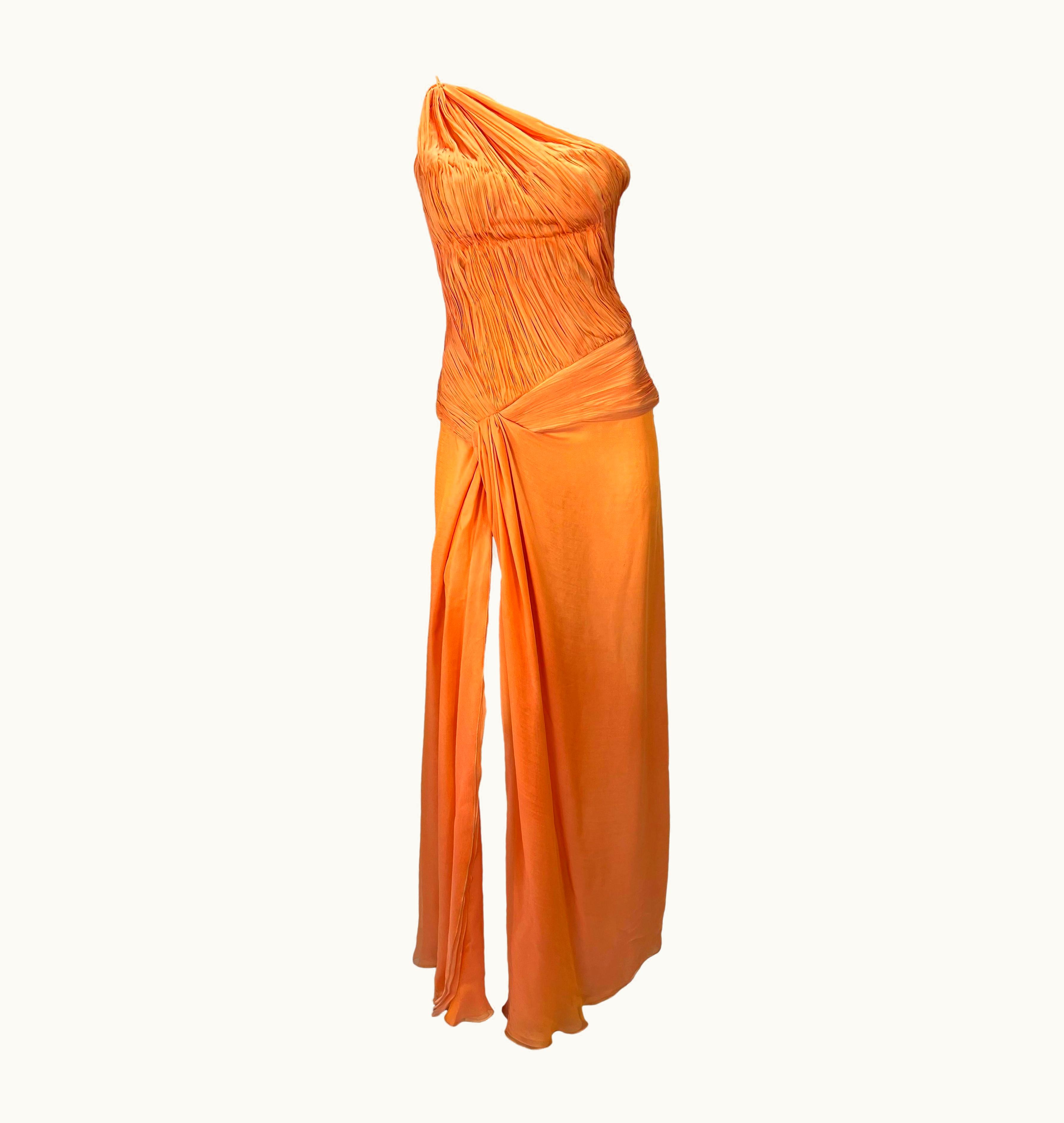 Roberto Cavalli S/S 2005 Roberto Cavalli Ruched Orange Silk Chiffon Asymmetric High Slit Gown