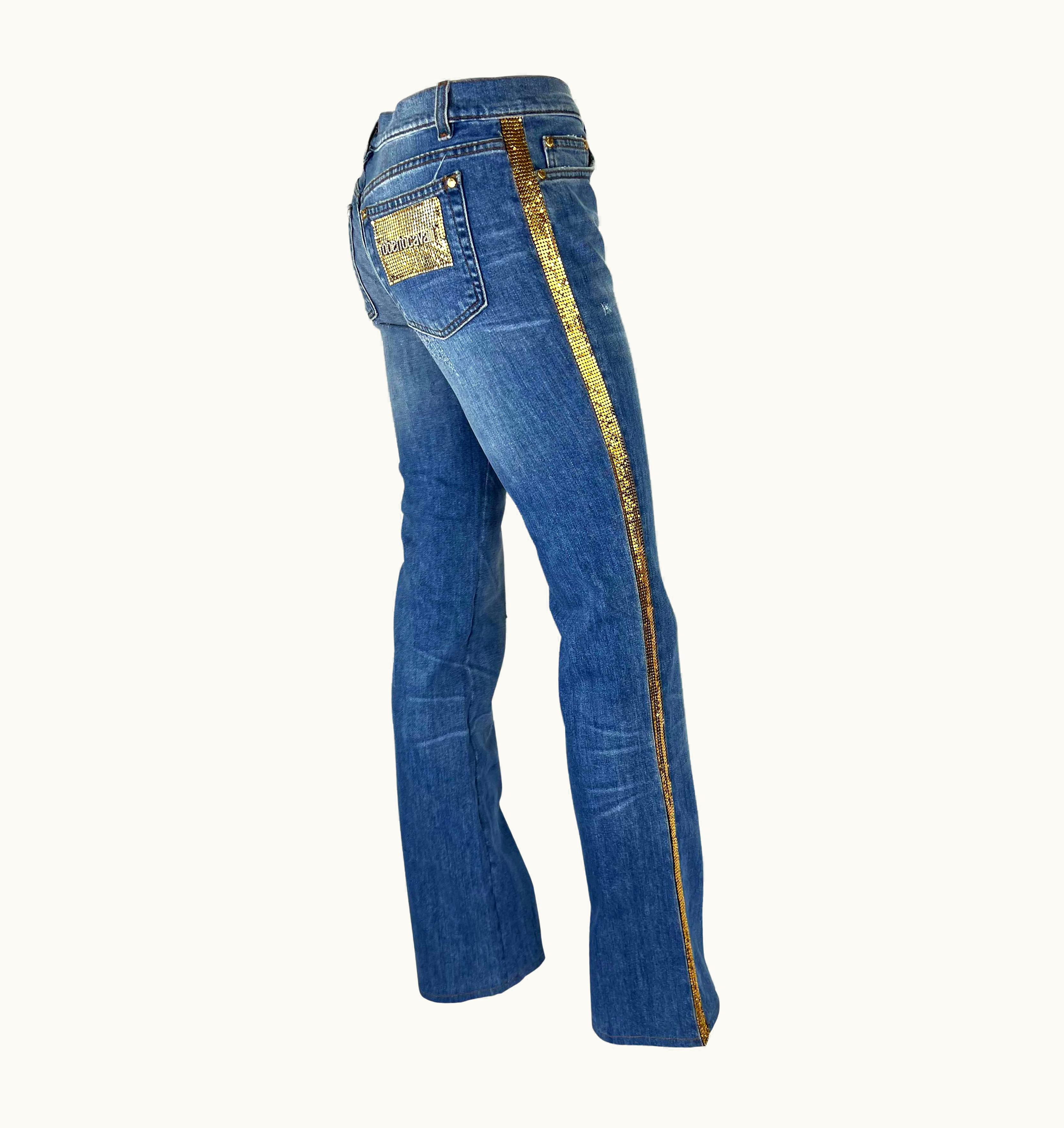 Roberto Cavalli 2005 Roberto Cavalli Rhinestone Logo Low-Rise Gold Chainmail Panel Blue Jeans