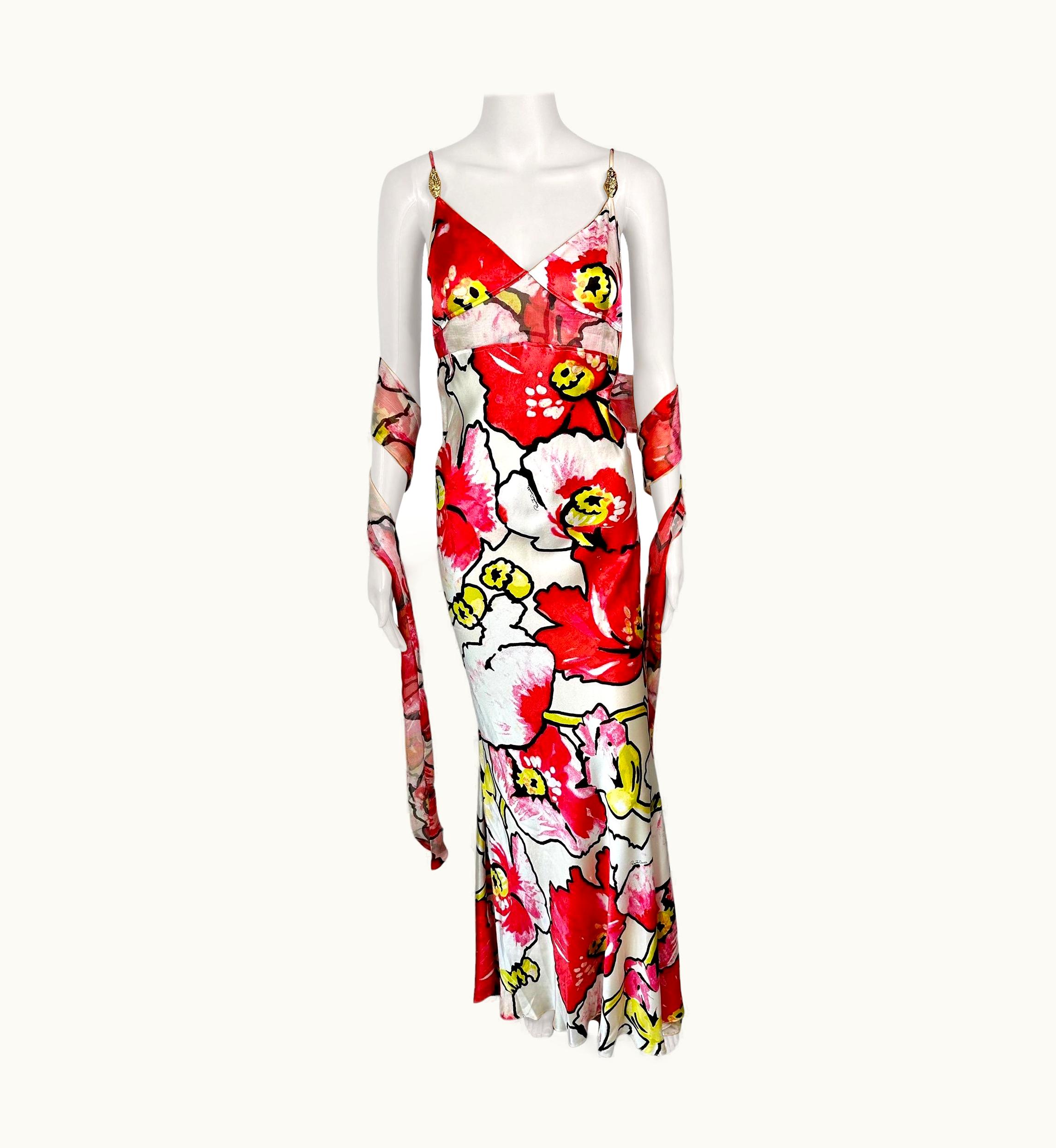 Roberto Cavalli Roberto Cavalli S/S 2005 Silk Floral Print Slip Evening Dress & Wrap 2 Piece Set