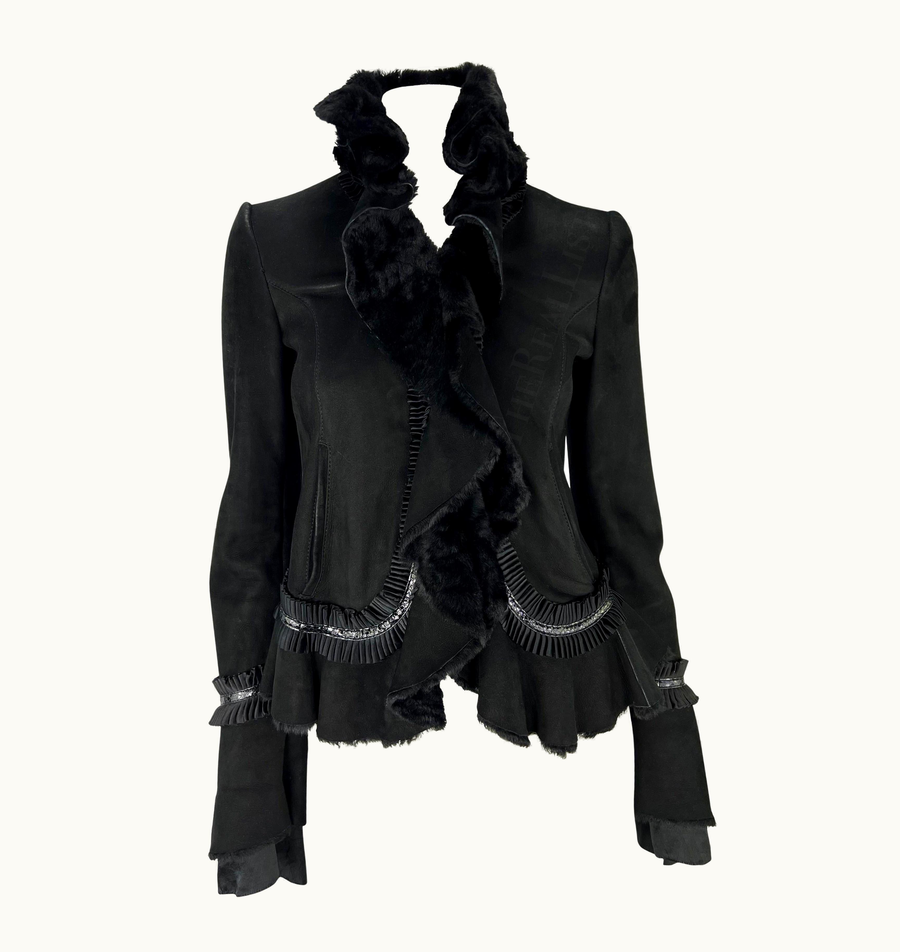 Roberto Cavalli AW 2006 Roberto Cavalli Black Shearling Silk Ribbon Accent Jacket