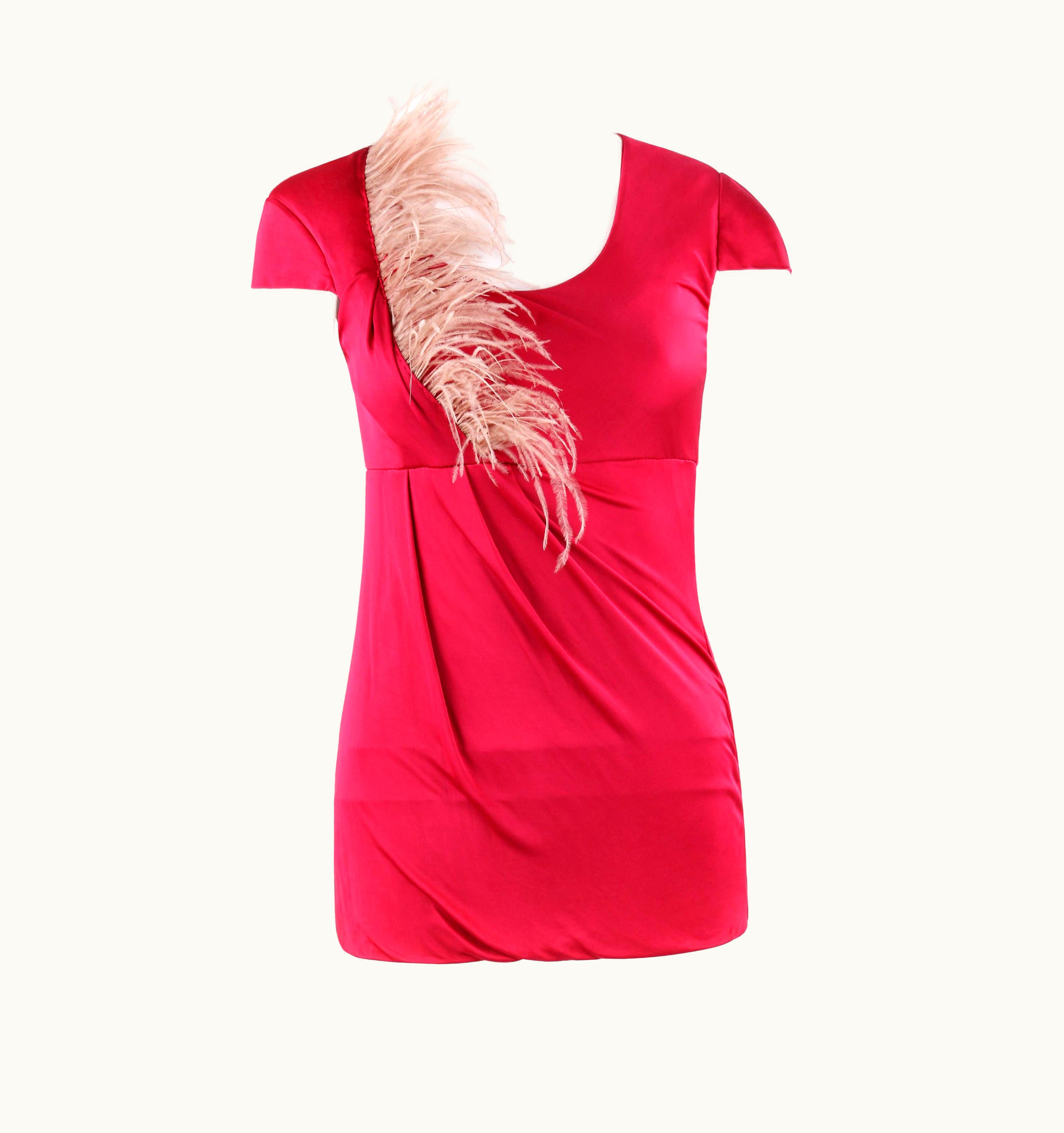 Alexander McQueen Alexander McQUEEN C.2006 Cerise Silk Jersey Draped Ostrich Feather Top