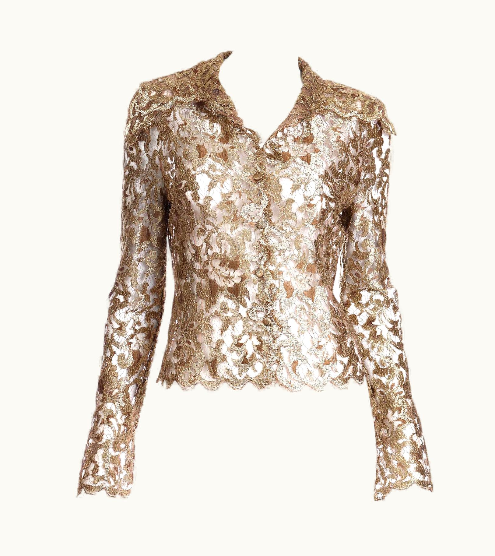 Valentino Valentino Garavani 2006 Gold Fine Lace Blouse W Wide Collar & Cuffs Documented
