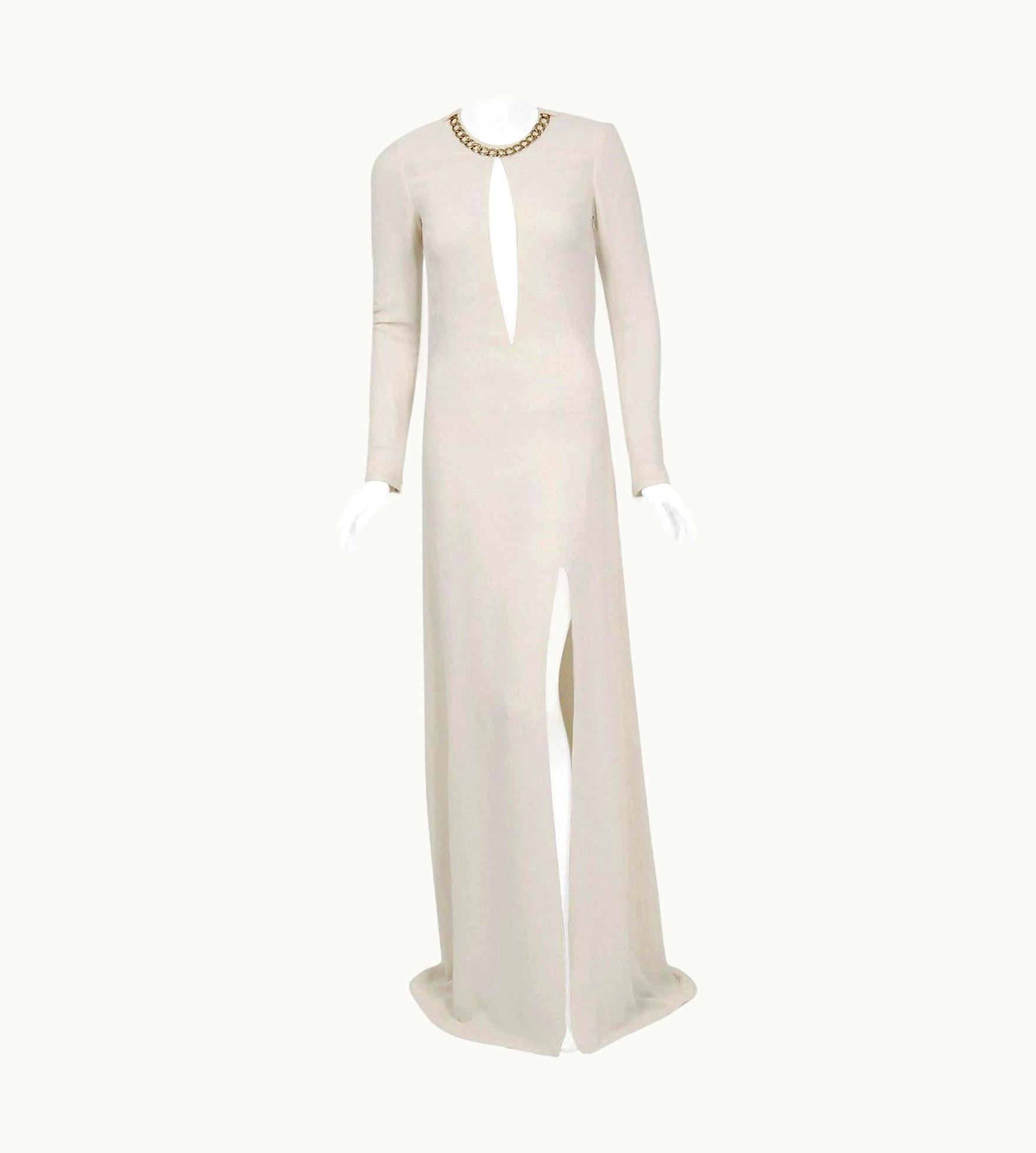 Alexander McQueen Vintage 2006 Alexander McQueen Documented White Silk Chain Plunge High-Slit Gown