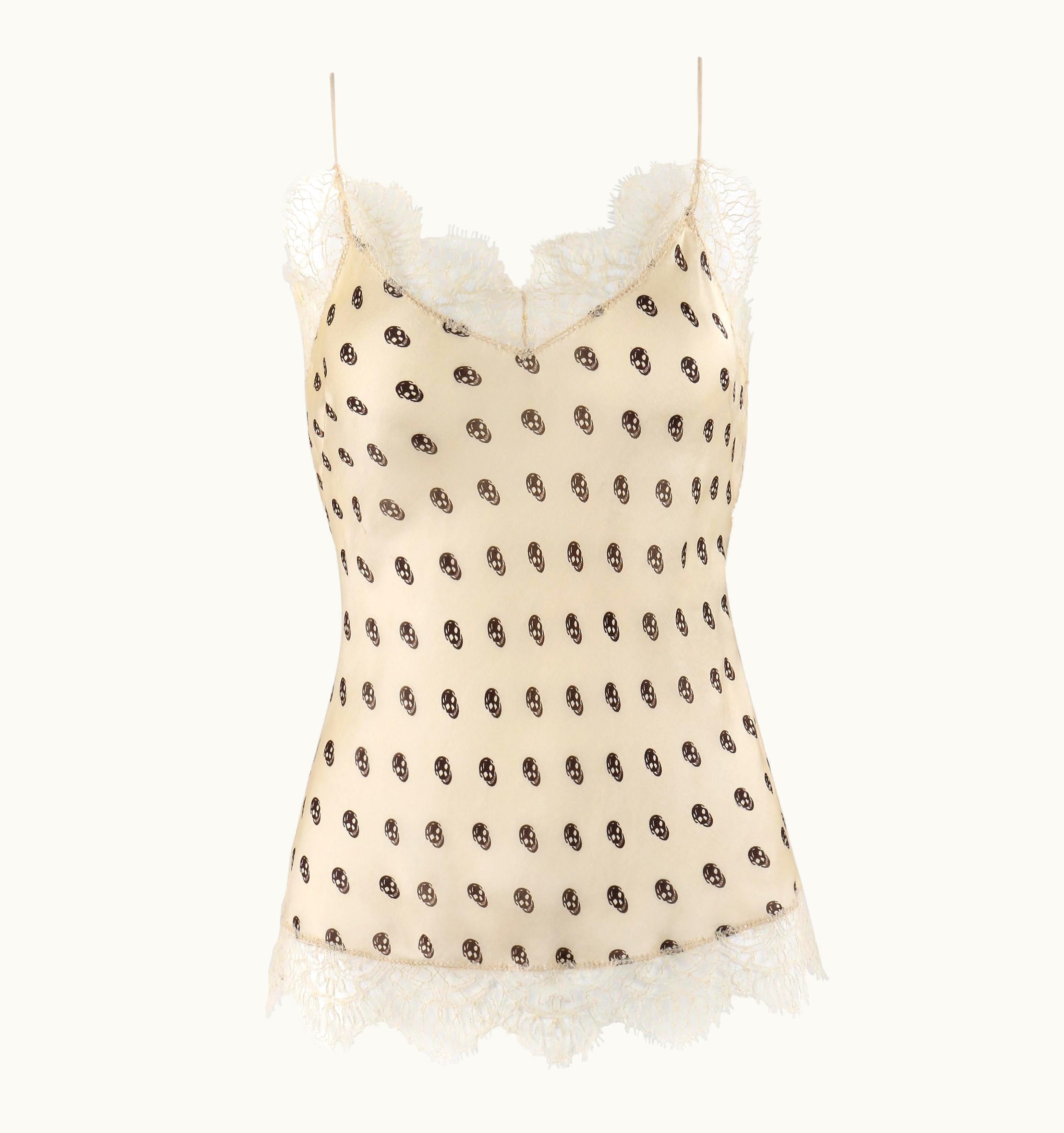 Alexander McQueen Alexander McQUEEN C.2006 Cream Black Skull Print Lace Silk Tank Top Camisole