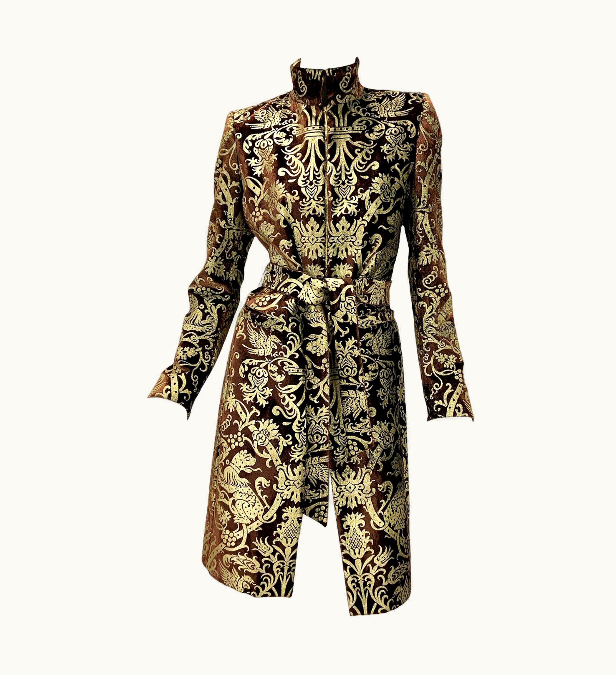 Roberto Cavalli Roberto Cavalli AW 2006 Brown Velvet Metallic Gold Painted Belted Coat It