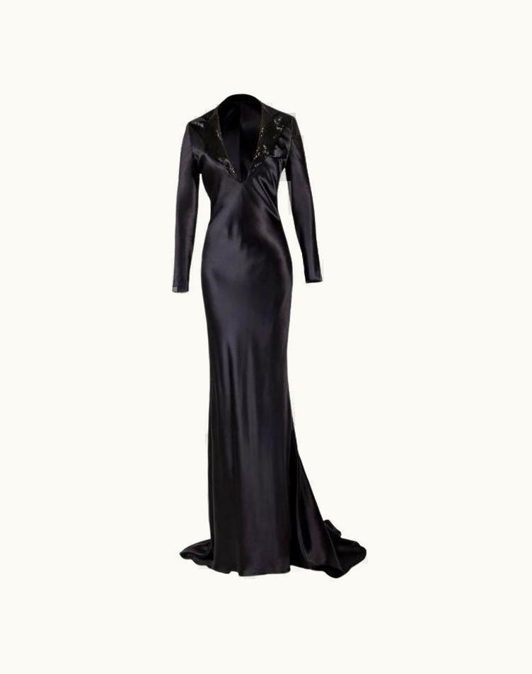Alexander McQueen S/S 2007 Alexander McQueen Silk Satin Tuxedo-Style Gown With Beaded Collar