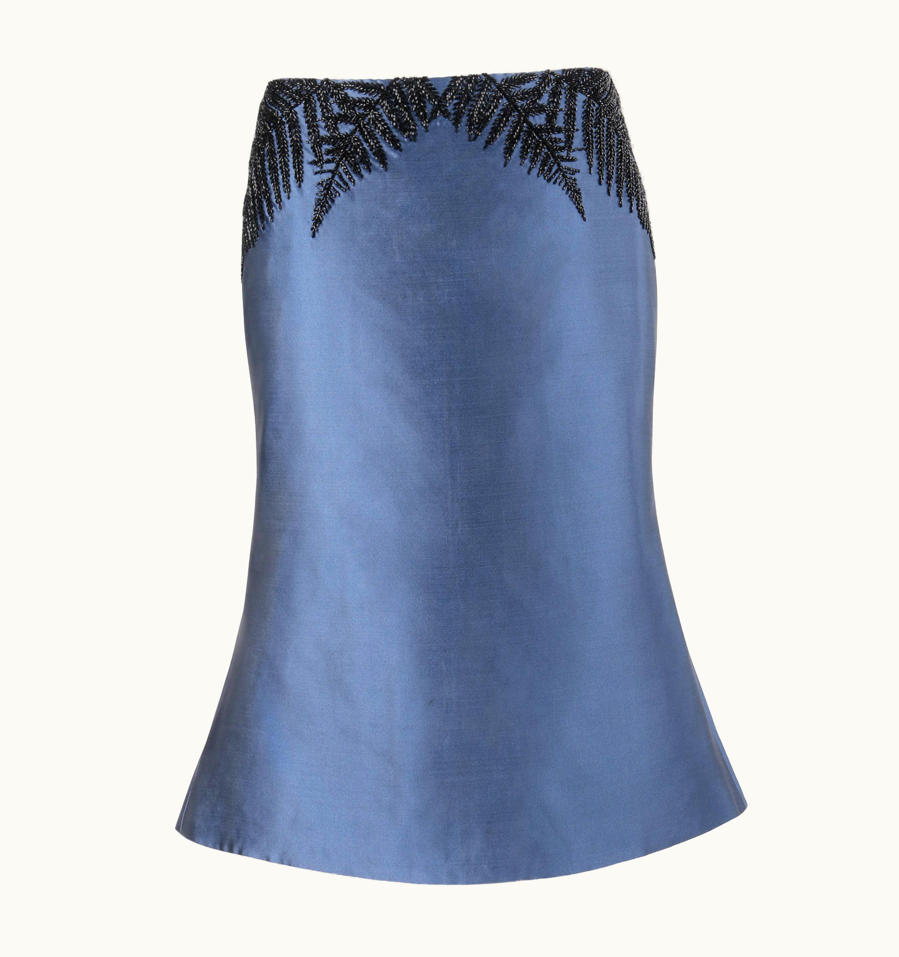 Alexander McQueen Alexander McQUEEN C.2007 Metallic Blue Black Beaded Fern Leaf Silk Trumpet Skirt