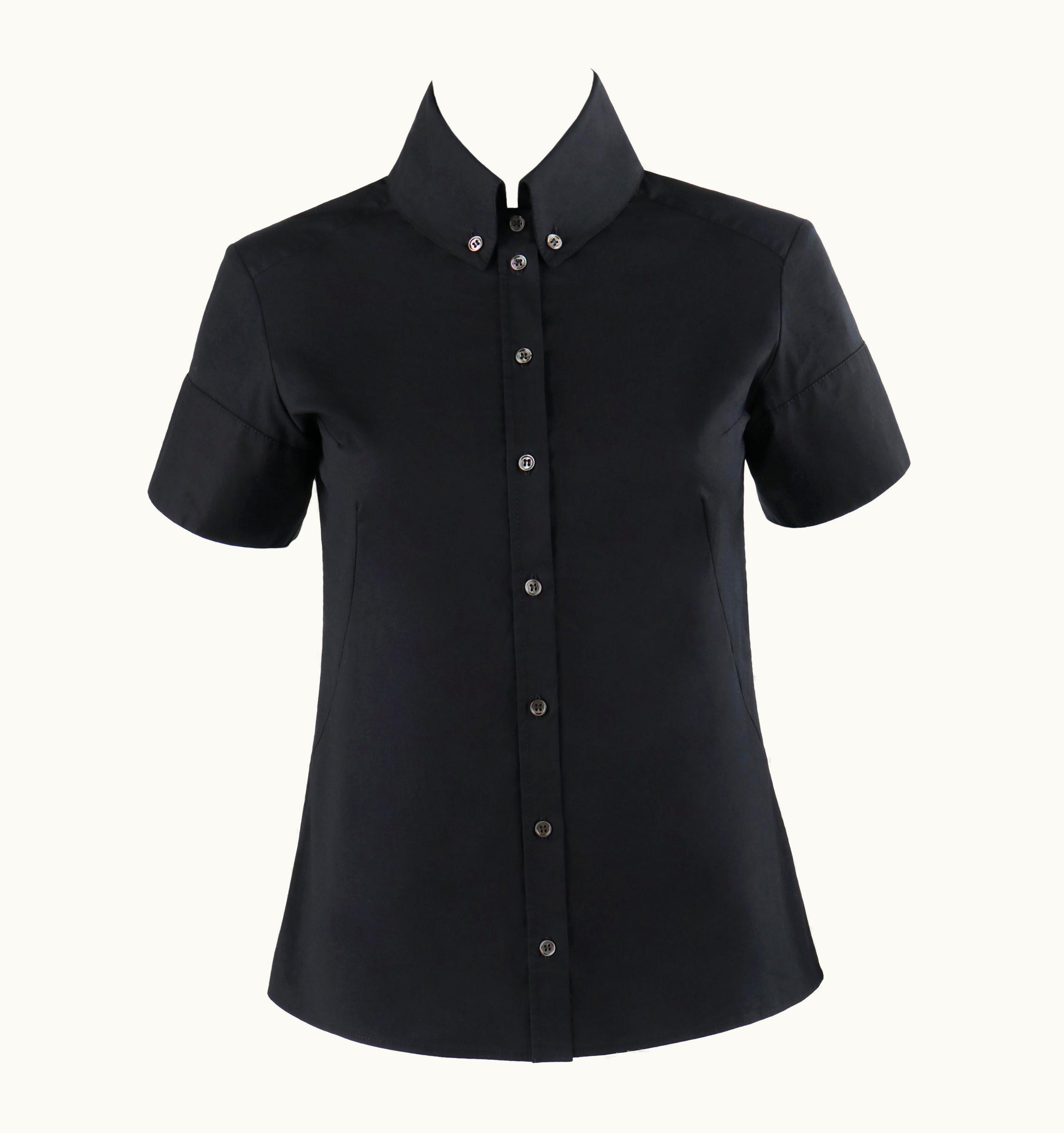 Alexander McQueen Alexander McQUEEN C.2007 Black Button Down High Collar Short Sleeve Blouse Top