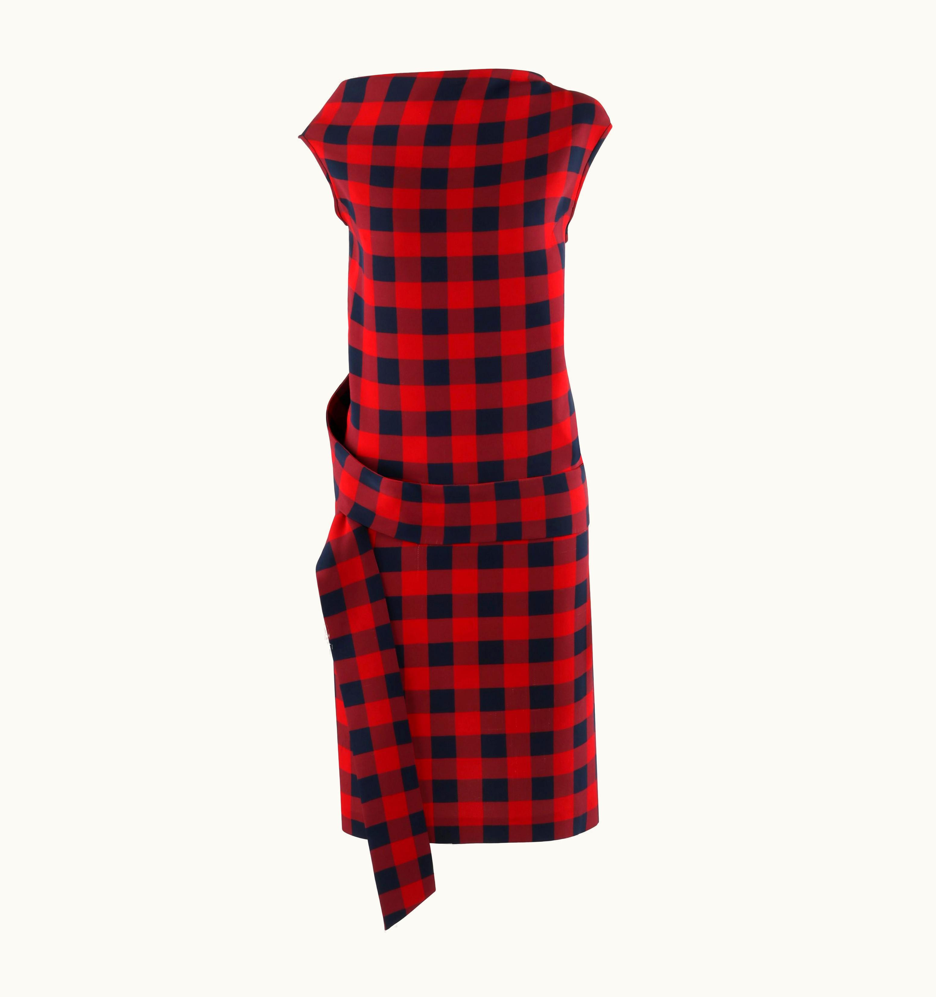 Alexander McQueen Alexander McQUEEN C. 2007 Red S/S Navy Check Ribbon Band Silk Drop Waist Dress