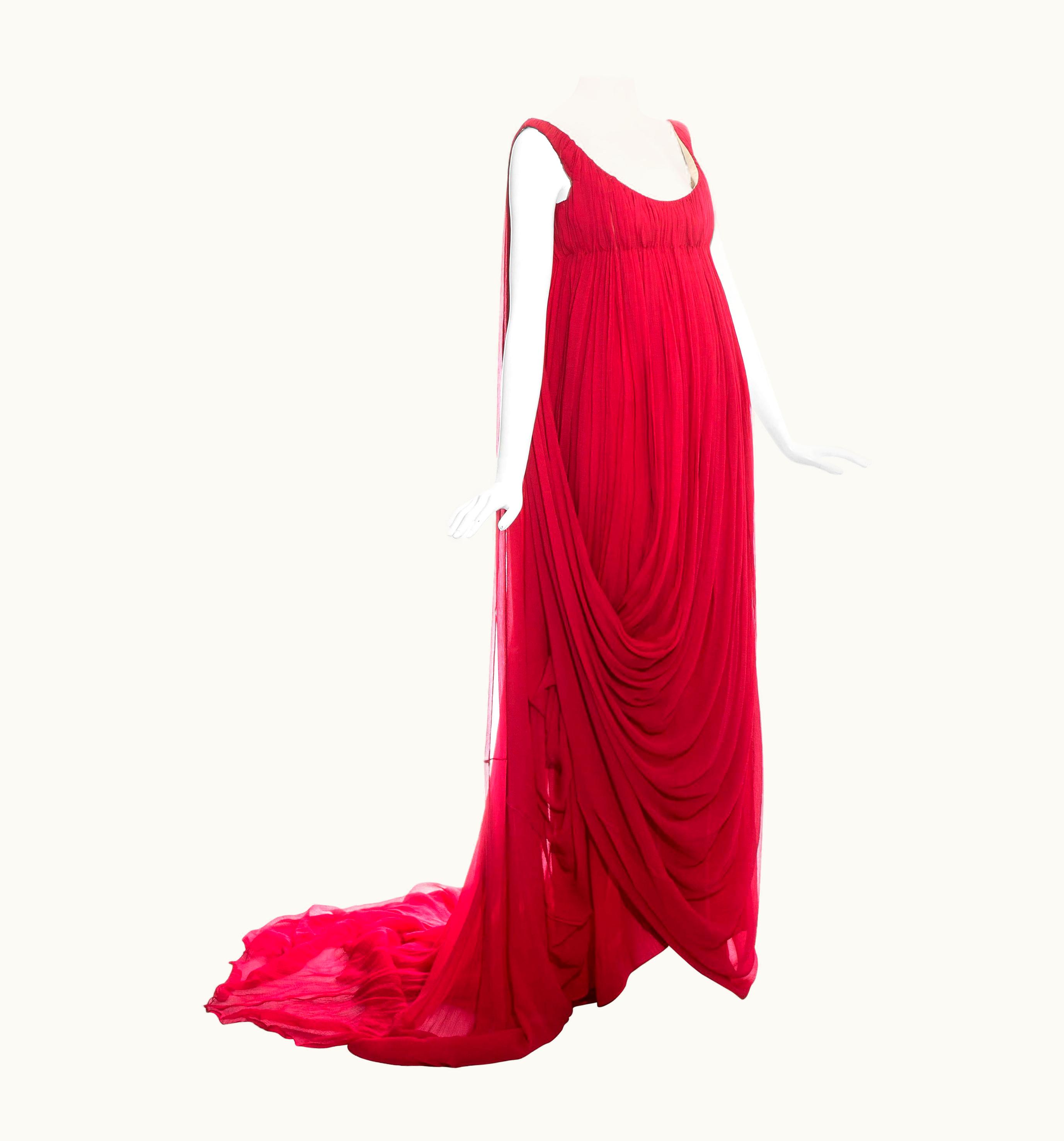 Alexander McQueen Alexander McQueen Red Silk Chiffon Empire Evening Dress With Train, AW 2008