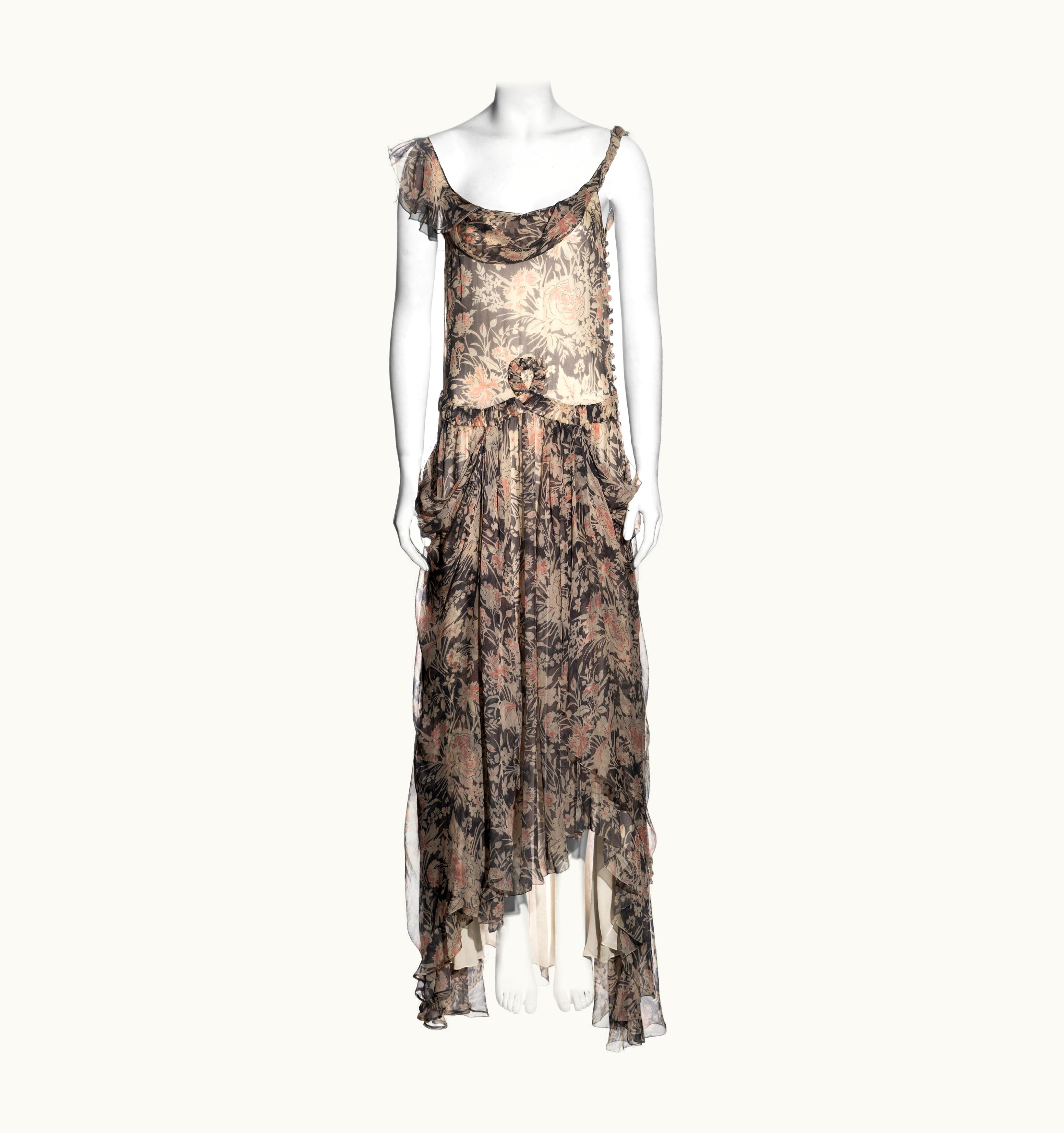 John Galliano John Galliano Floral Print Silk Chiffon Drop-waist Floor-length Dress, AW 2008