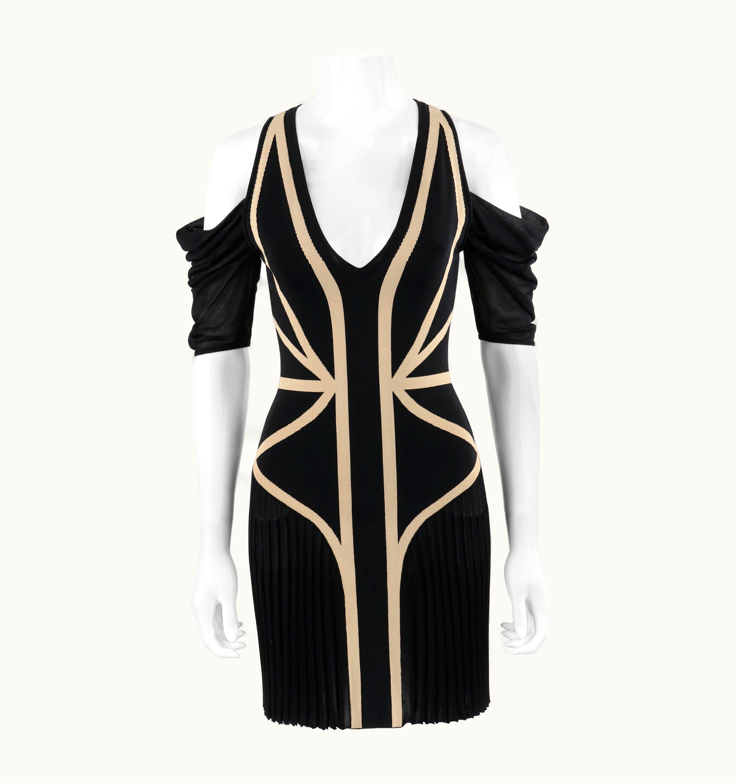 Alexander McQueen Alexander McQUEEN Resort 2009 Black Beige Mesh Pleated Cold Shoulder Knit Dress