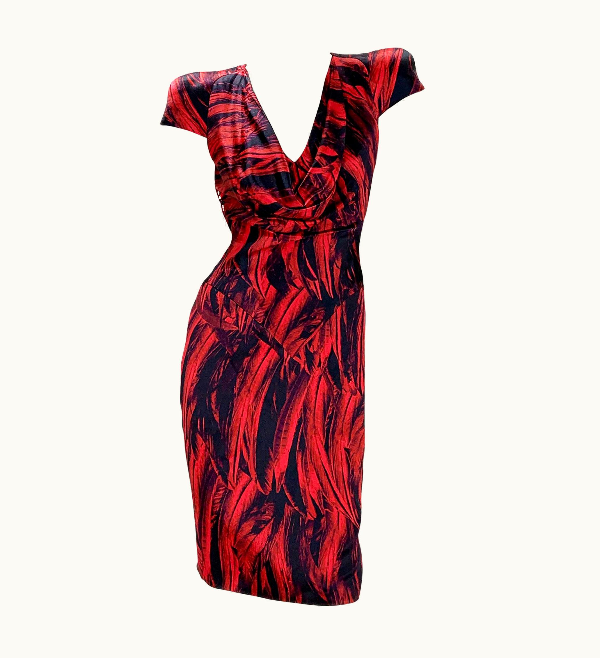 Alexander McQueen Alexander McQueen 2009 Collection Silk Feather Print Red Black Dress It 42 Us