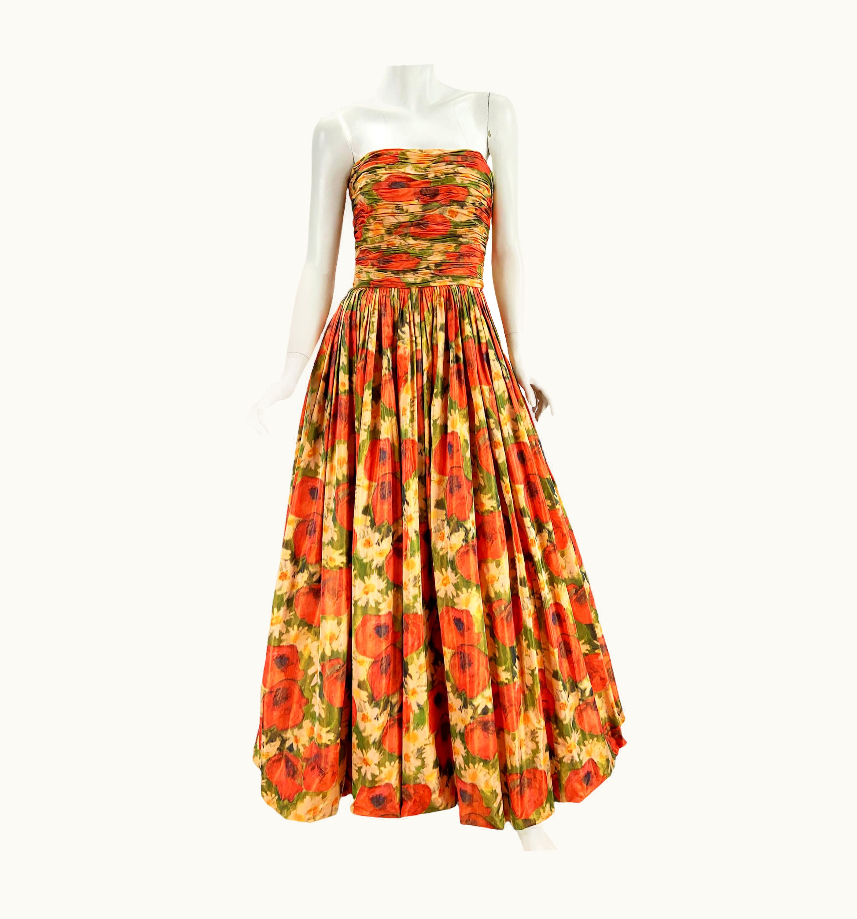 Oscar De La Renta Oscar De La Renta 2009 Runway Taffeta Silk Flower Print Corset Dress Gown Us