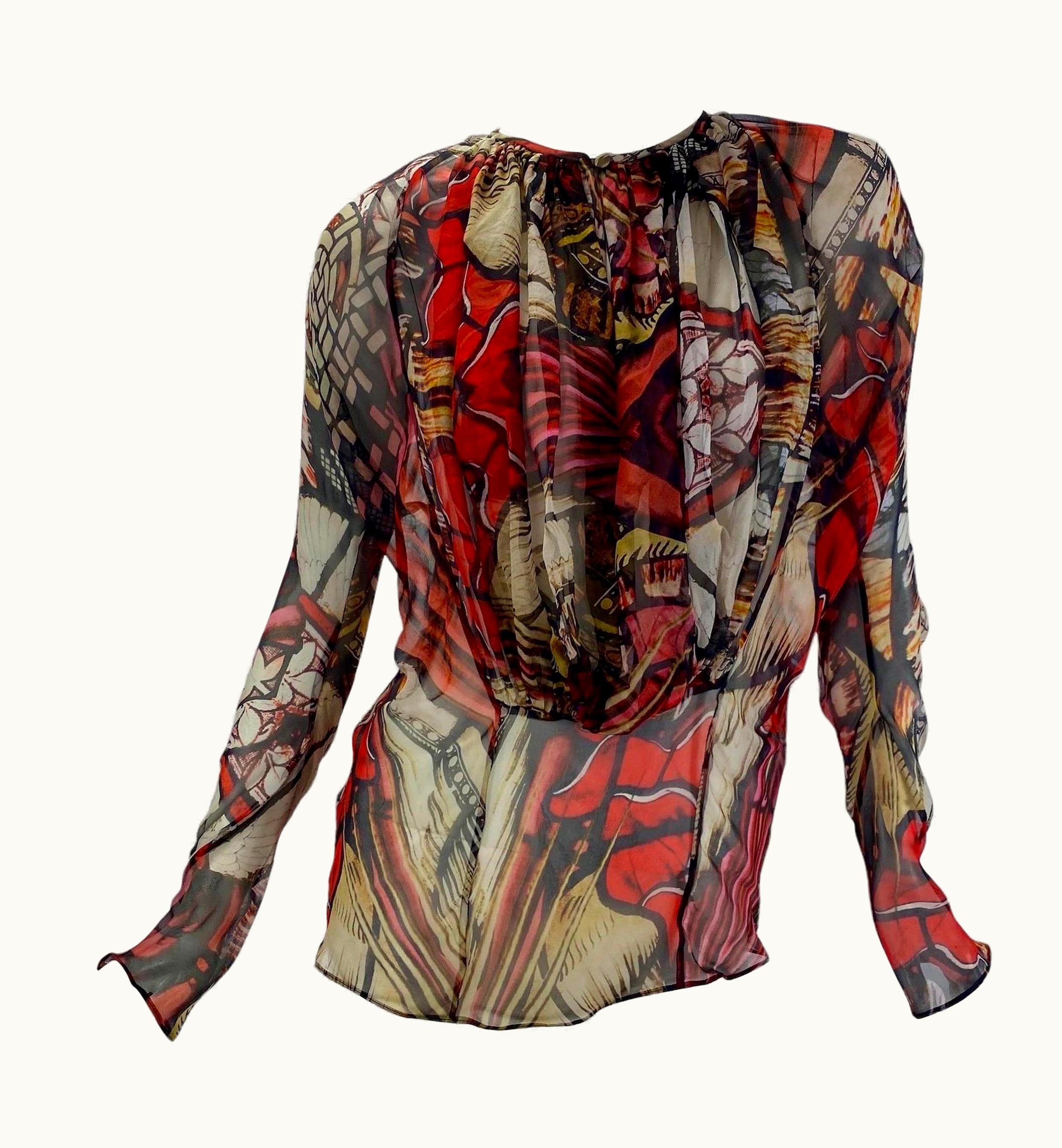 Alexander McQueen 2009 Vintage Alexander McQueen Printed Chiffon Silk Blouse Top It