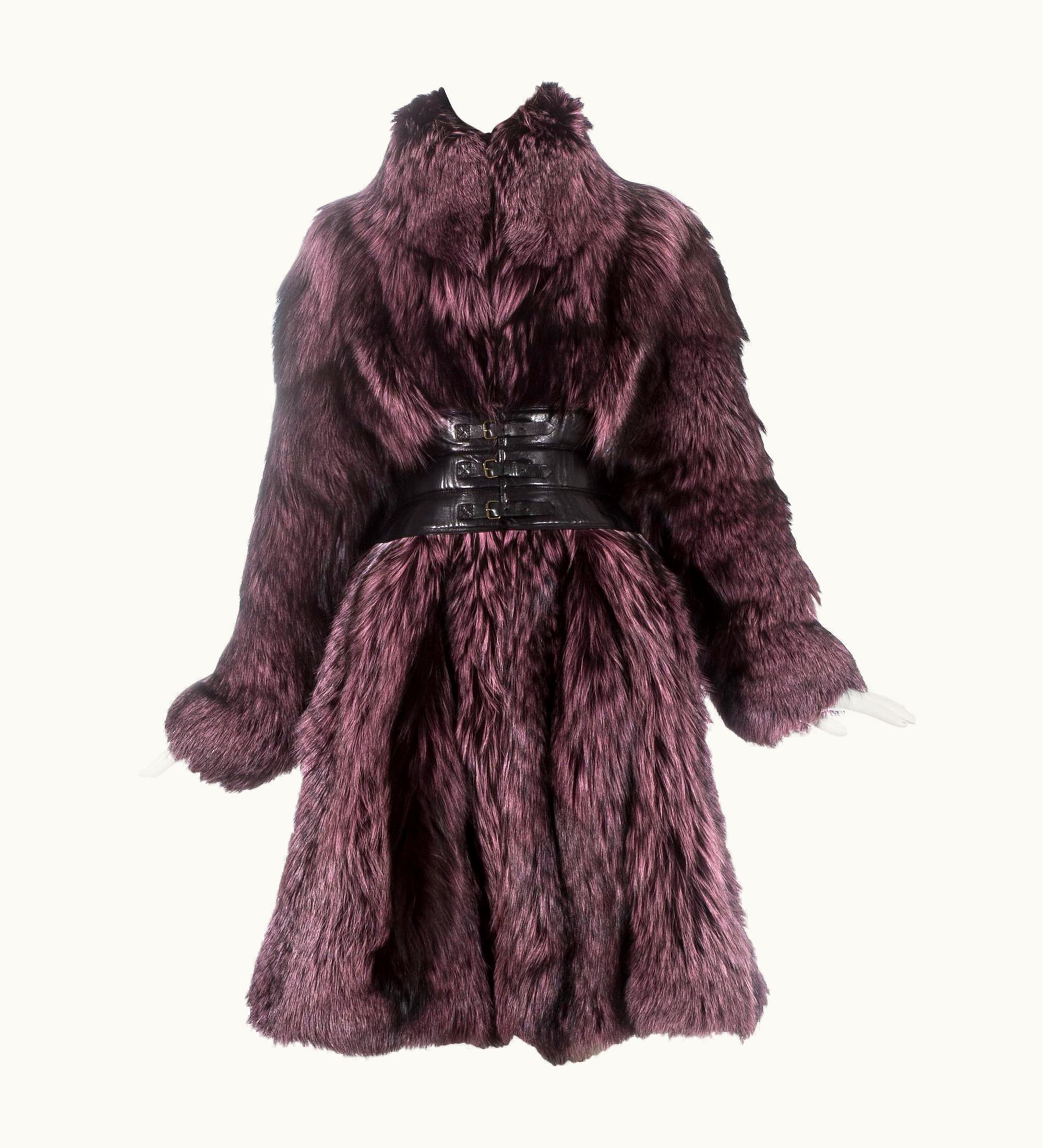 Alexander McQueen Alexander McQueen Purple Fox Fur Coat With Black Leather Corset, AW 2009