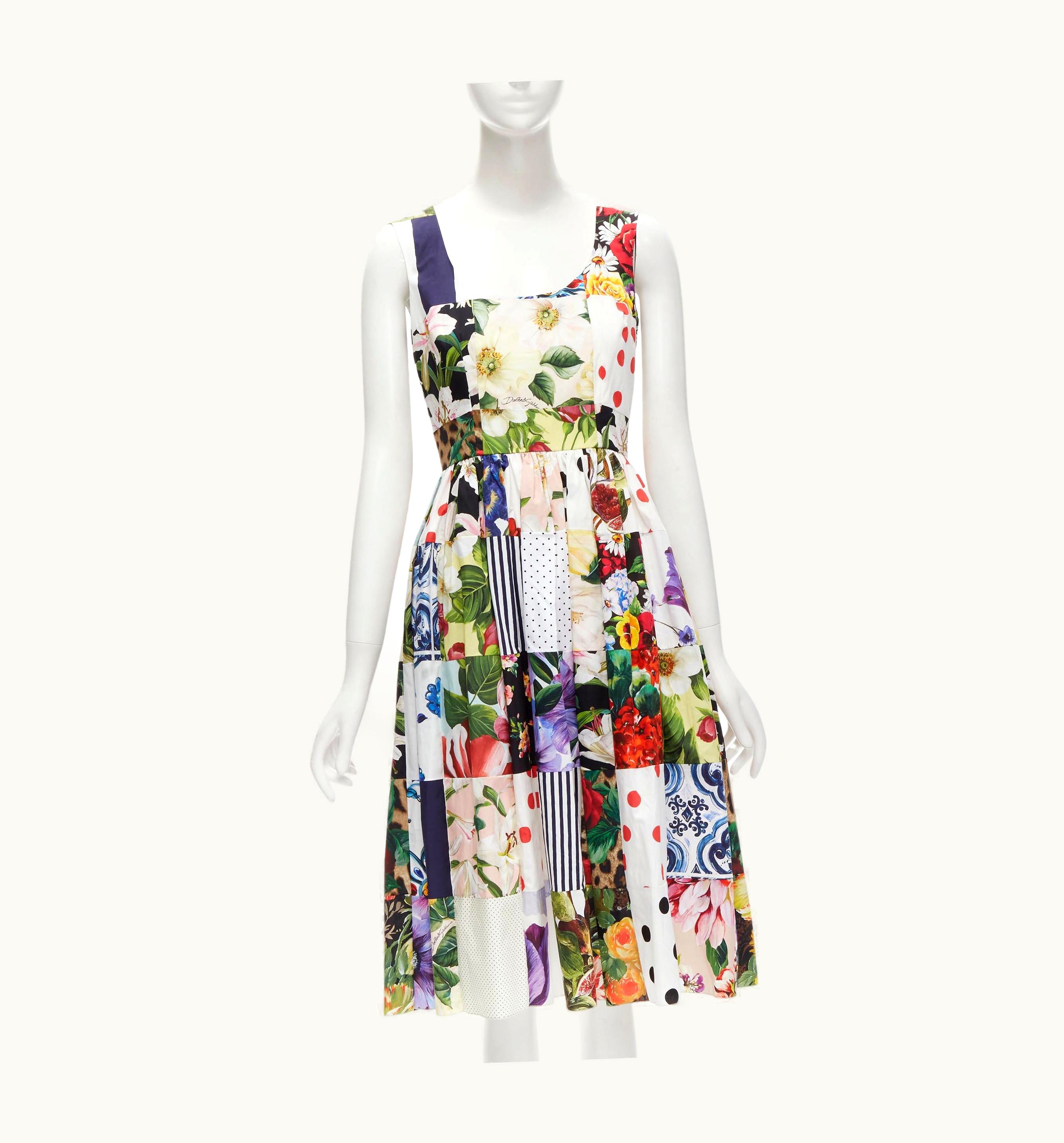 Dolce & Gabbana Dolce Gabbana Mixed Patchwork Cotton Print Floral Flared Midi Dress