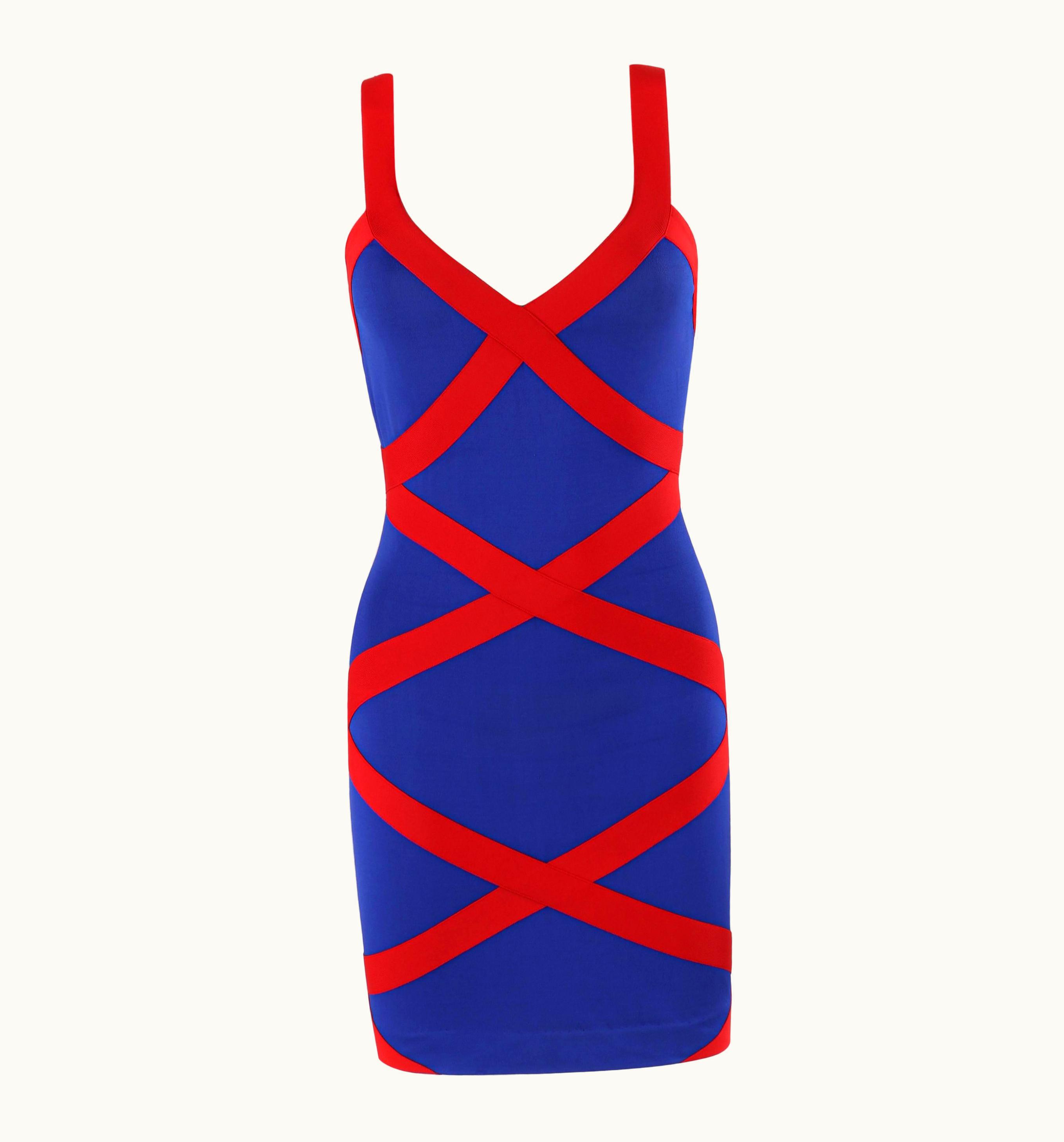 Alexander McQueen Alexander McQUEEN Resort 2010 Blue Red Criss-Cross Bandage V-Neck Bodycon Dress