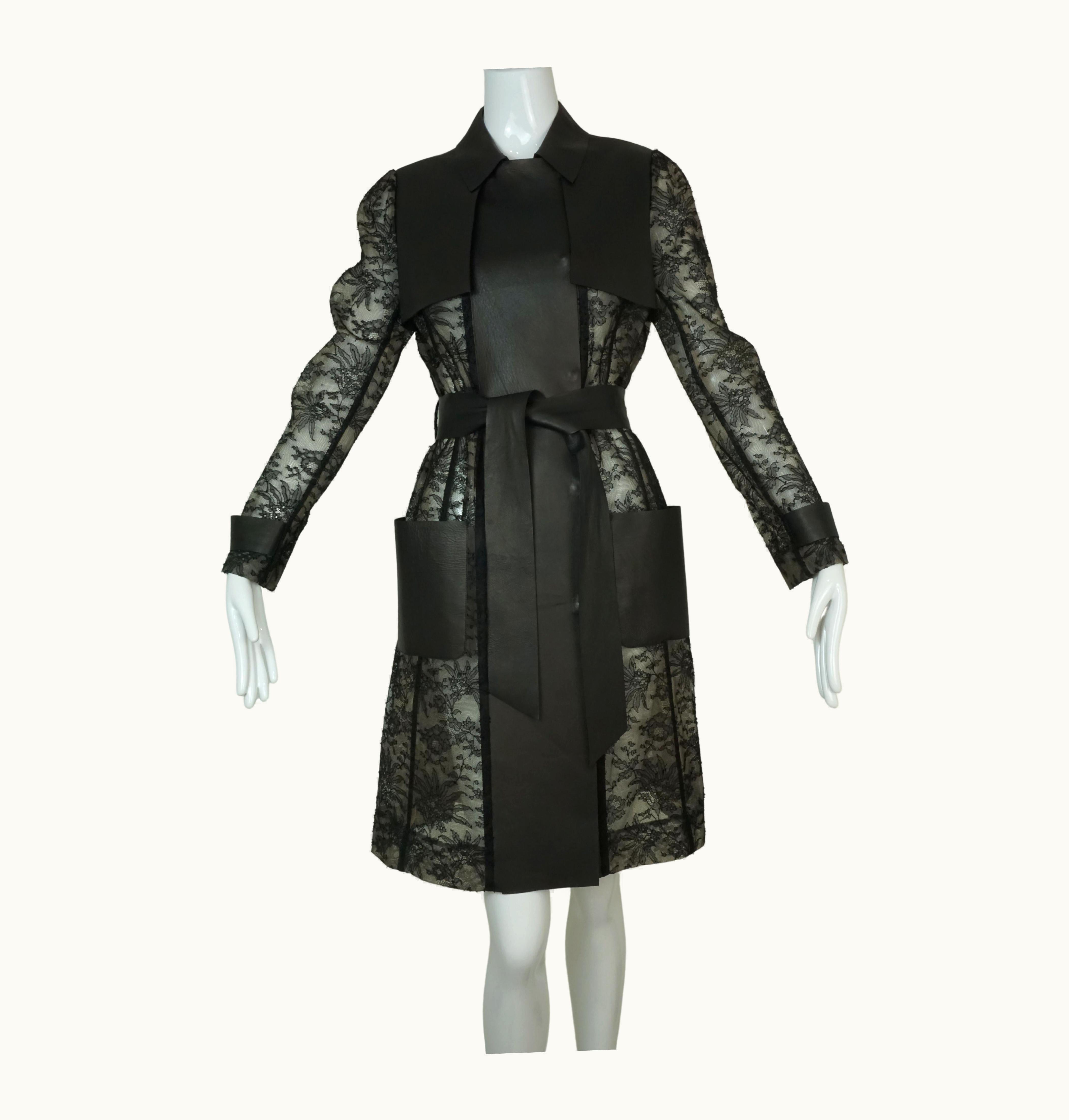 Valentino Valentino Black Leather And Lace Trench Coat 2011