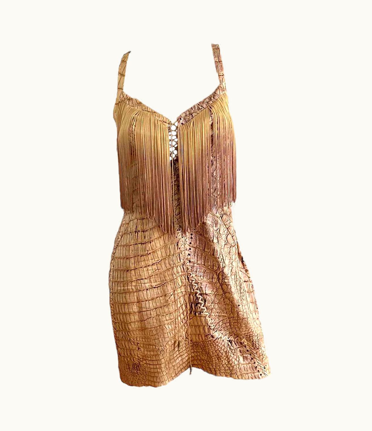 Roberto Cavalli Roberto Cavalli S/S 2011 Lace-Up Front Fringed Croc Dress