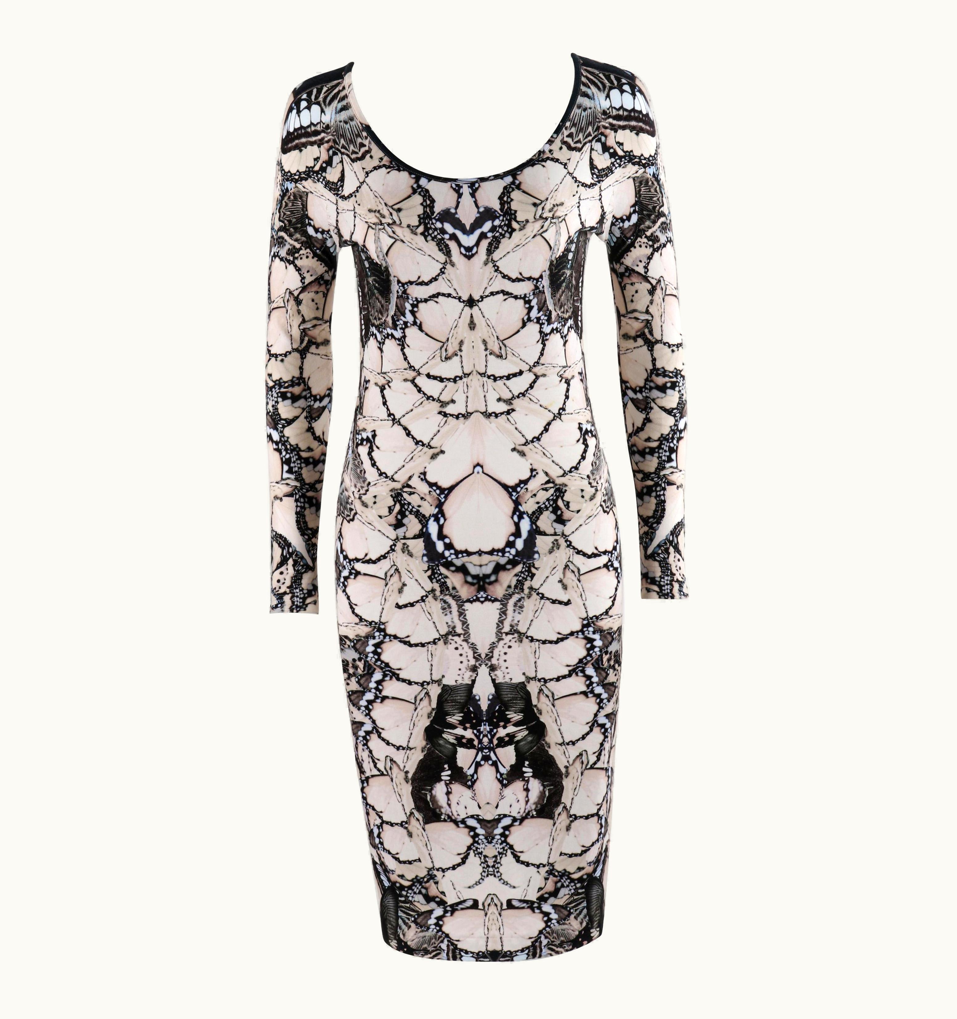 Alexander McQueen Alexander McQUEEN S/S 2011 Black White Cream Butterfly Print Knit Sheath Dress