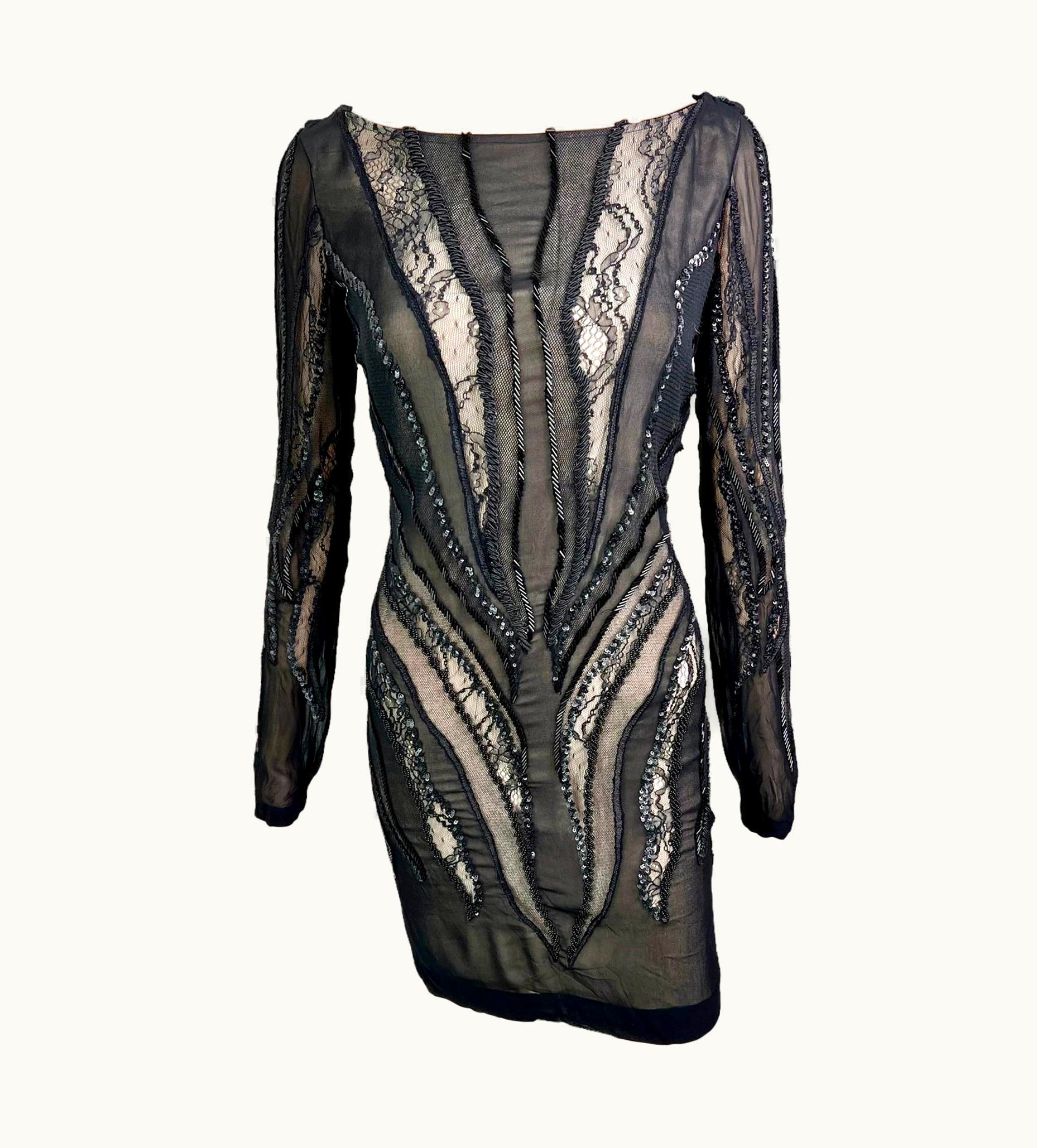 Roberto Cavalli Roberto Cavalli C.2012 Unworn Embellished Sheer Lace Black Mini Dress