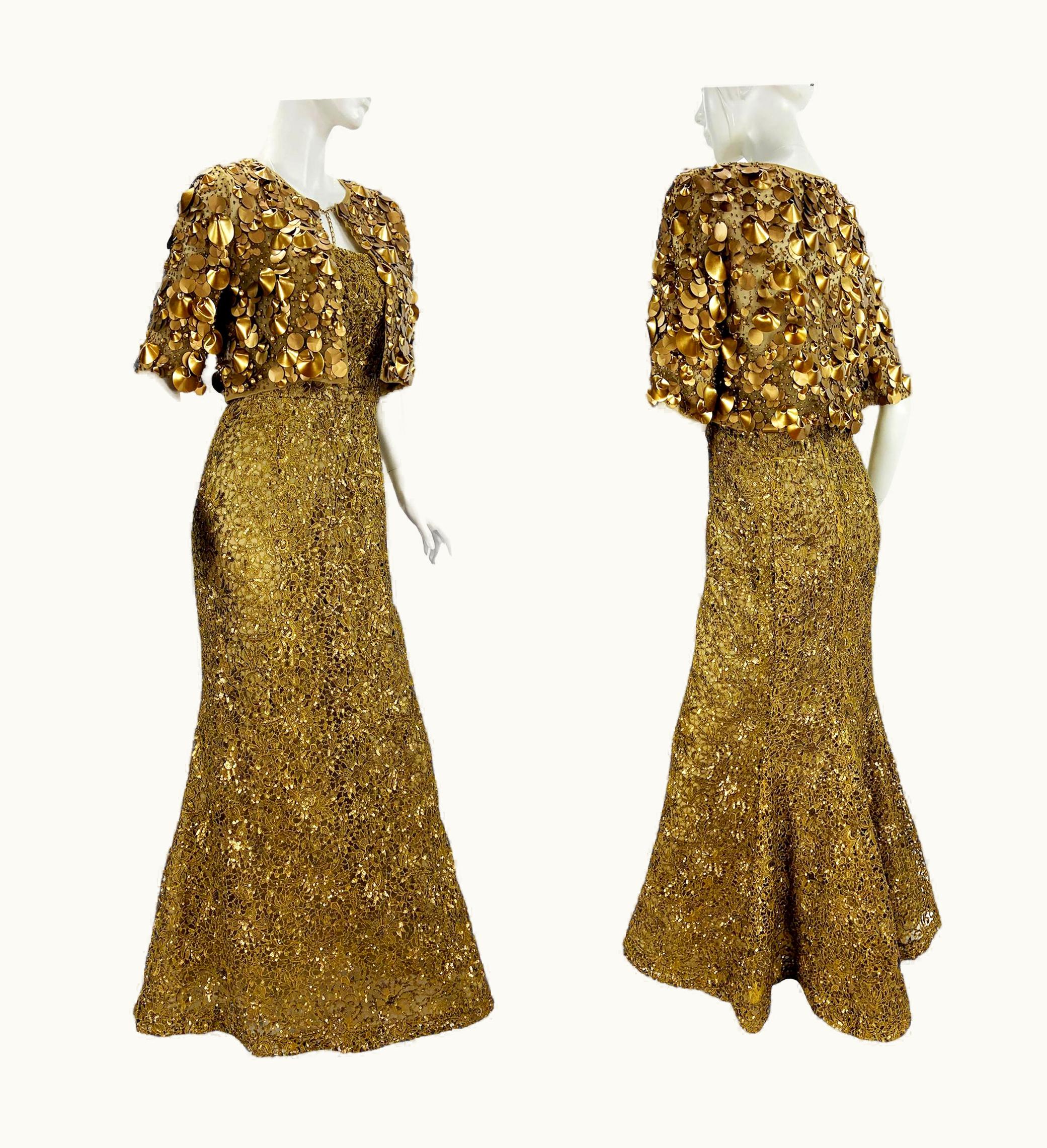 Oscar De La Renta Oscar De La Renta Pf 2012 Gold Lace Sequin Embellished Dress Gown + Jacket