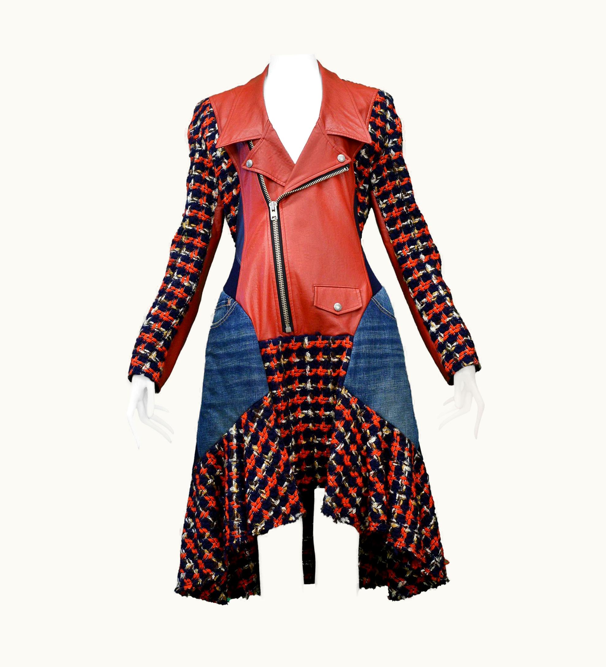 Junya Watanabe Junya Watanabe Red Leather Moto Jacket With Denim & Boucle Insets 2013