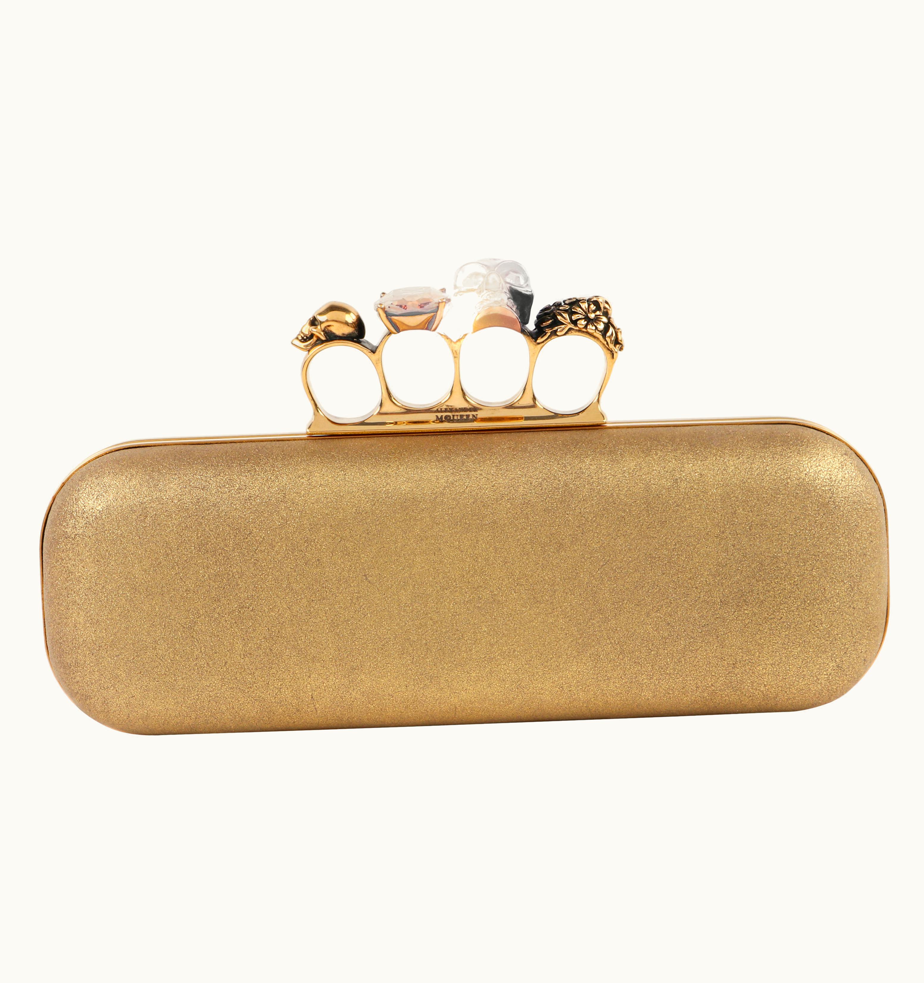 Alexander McQueen Alexander McQUEEN C.2013 Gold Glitter Leather Metal Knuckle Ring Duster Clutch