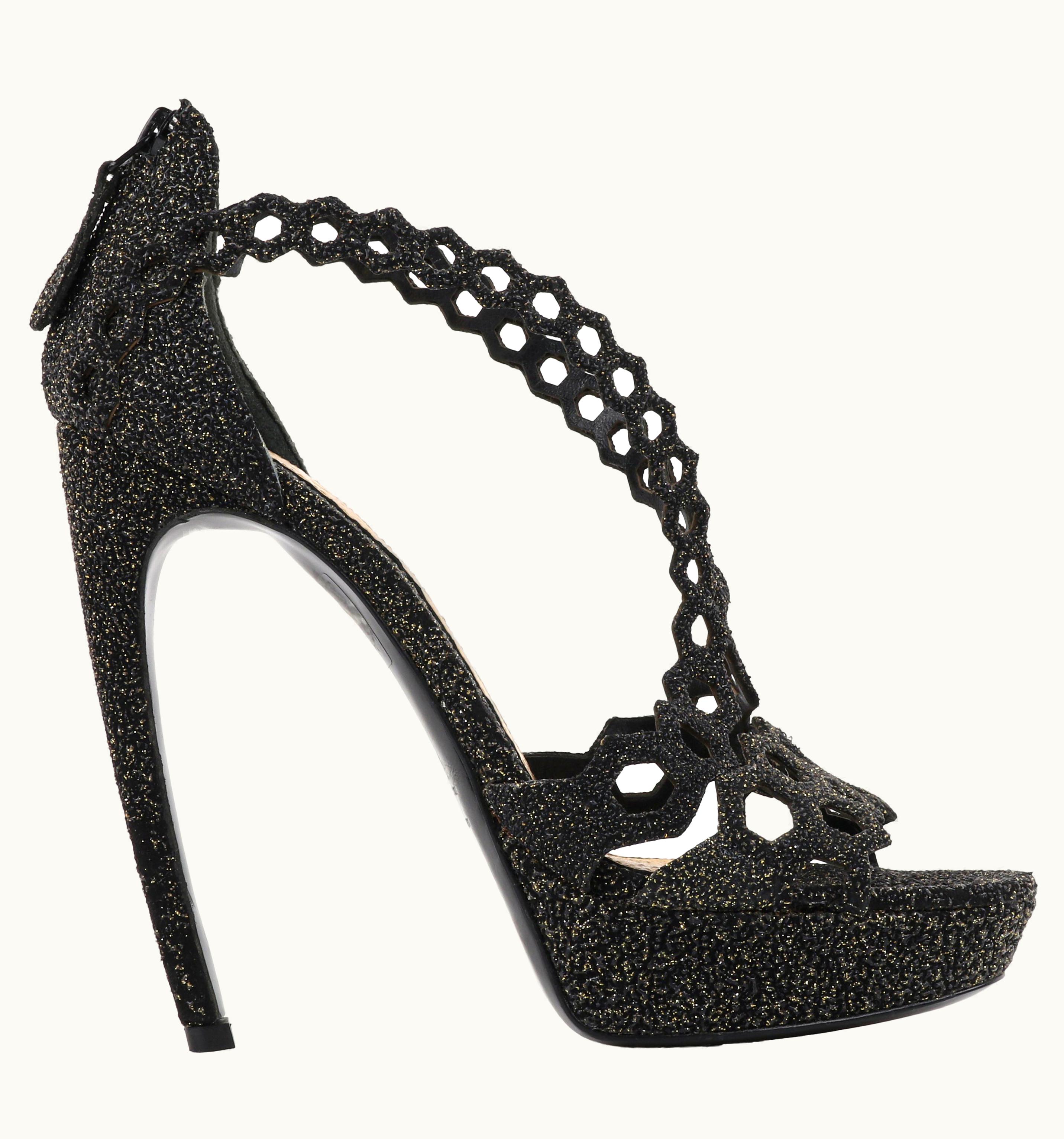 Alexander McQueen Alexander McQUEEN S/S 2013 Black Gold Sparkle Honeycomb Textured Arched Heels