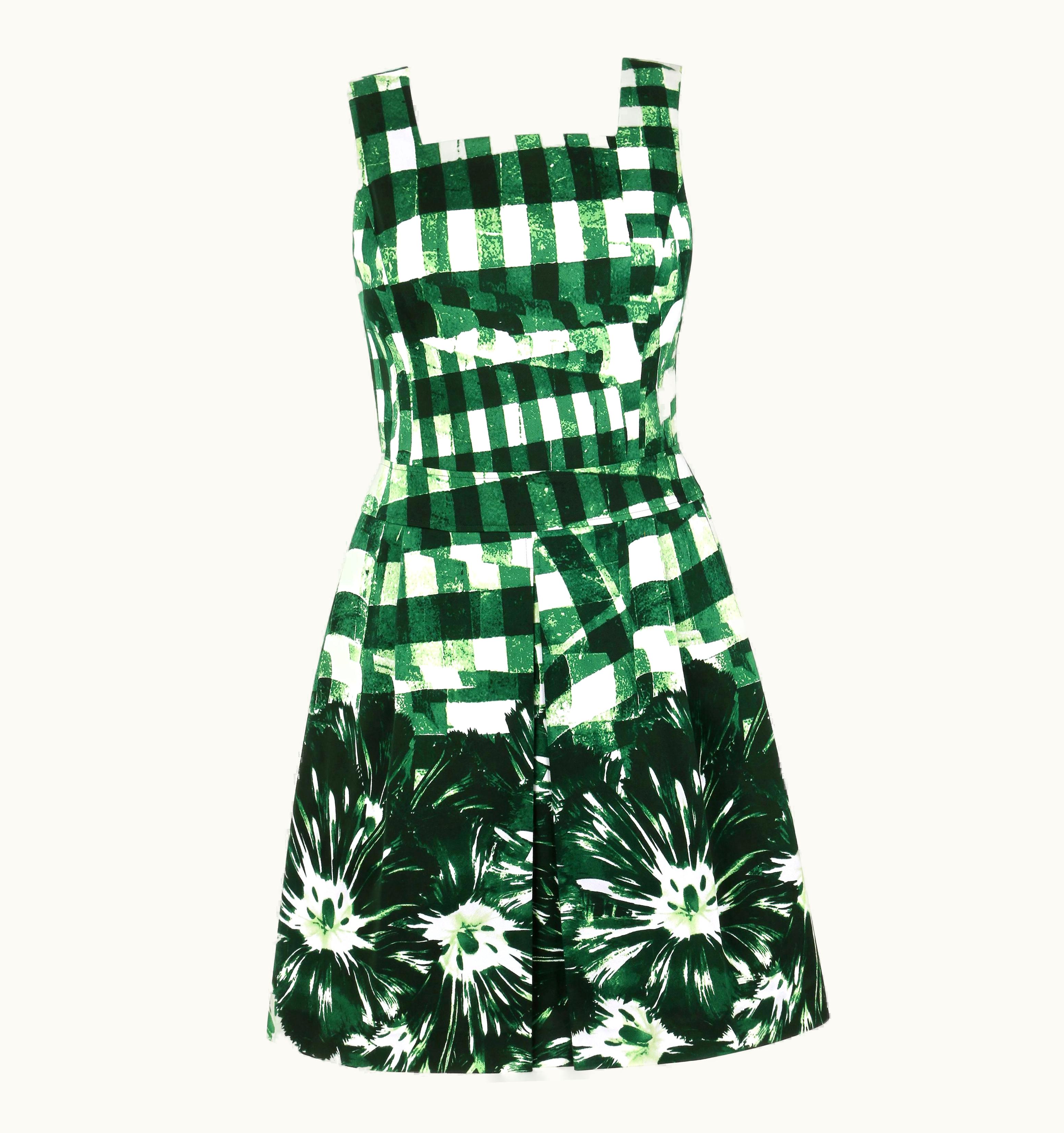 Oscar De La Renta Oscar De La Renta Resort 2013 Green Gingham Floral Print Garden Party Dress