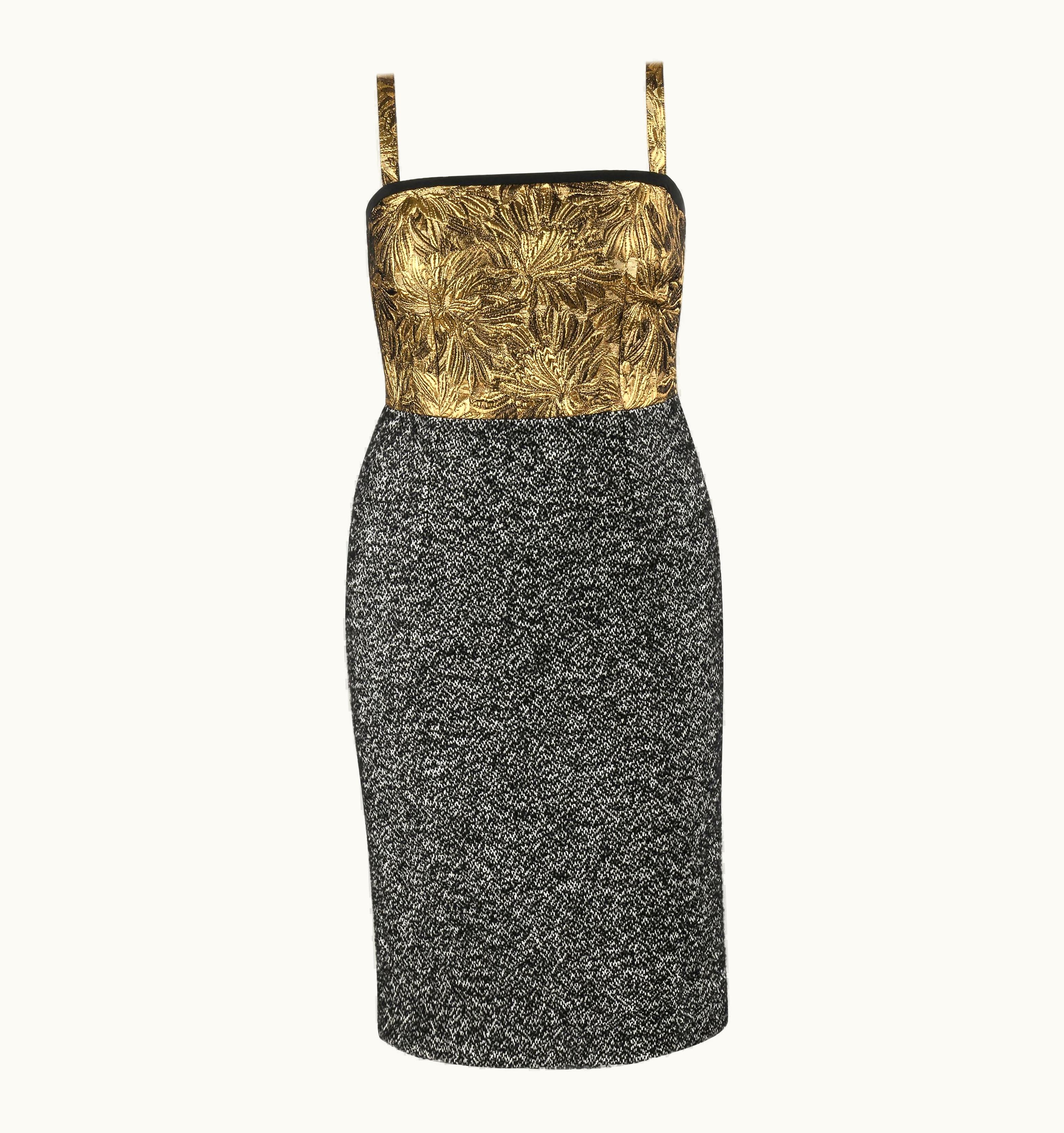Dolce & Gabbana Dolce & Gabbana AW 2013 Gold Floral Jacquard & Black White Tweed Cocktail Dress