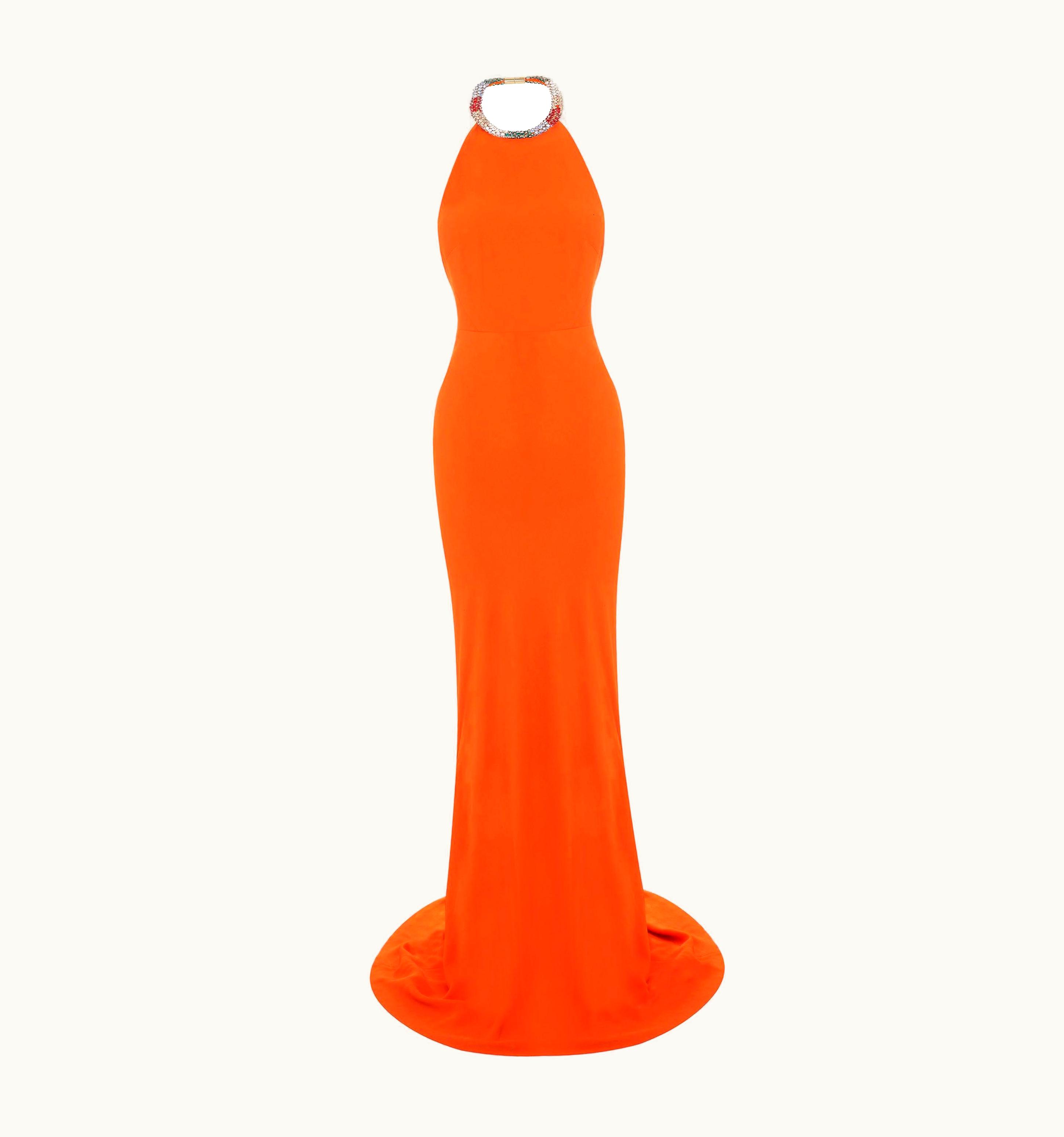 Alexander McQueen Alexander McQueen S/S 2013 Red Carpet Jeweled Orange Halter Stretch Dress