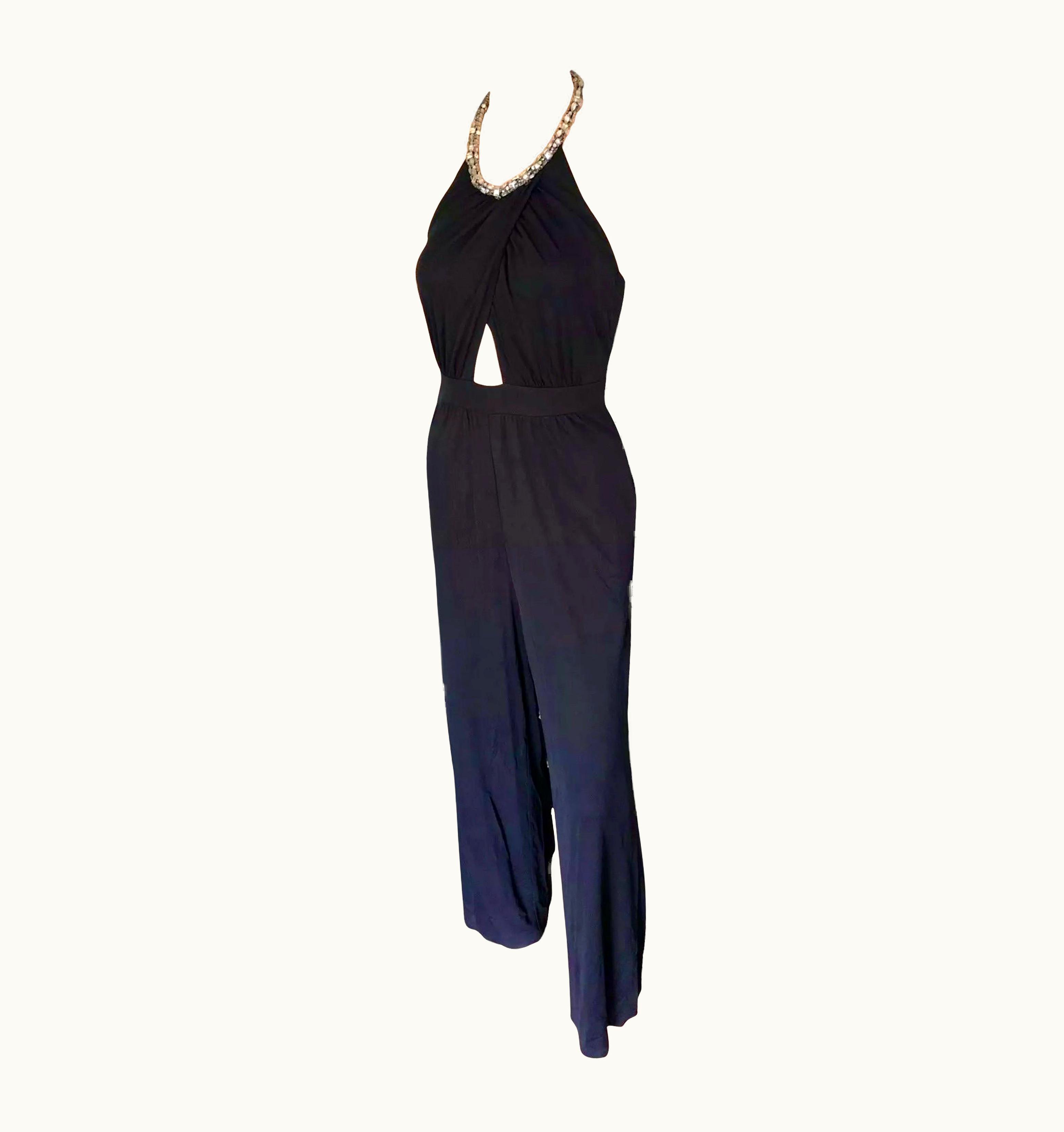 Roberto Cavalli Roberto Cavalli C.2014 Embellished Halter Neck Open Back Black Jumpsuit UZ0603499