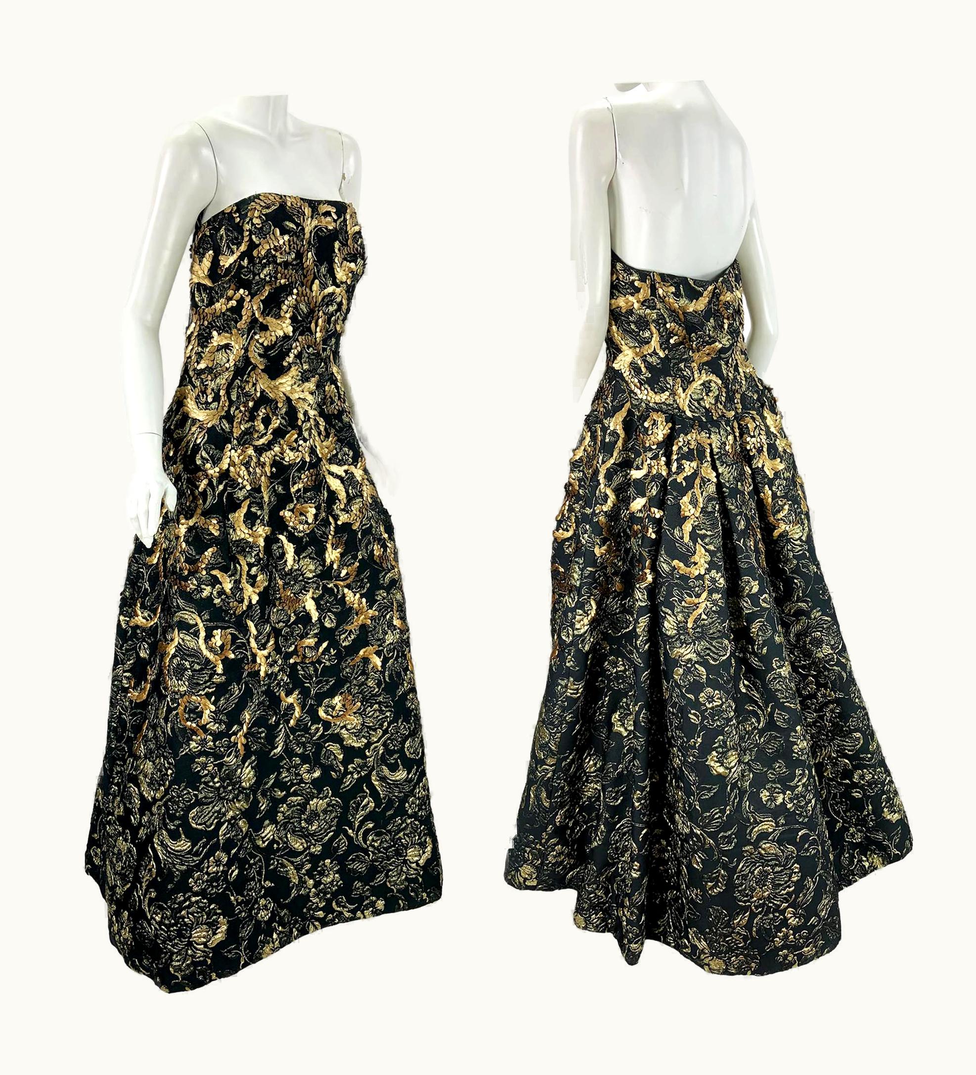 Oscar De La Renta Oscar De La Renta AW 2014 Runway Museum Red Carpet Black Gold Ball Gown Dress Xl
