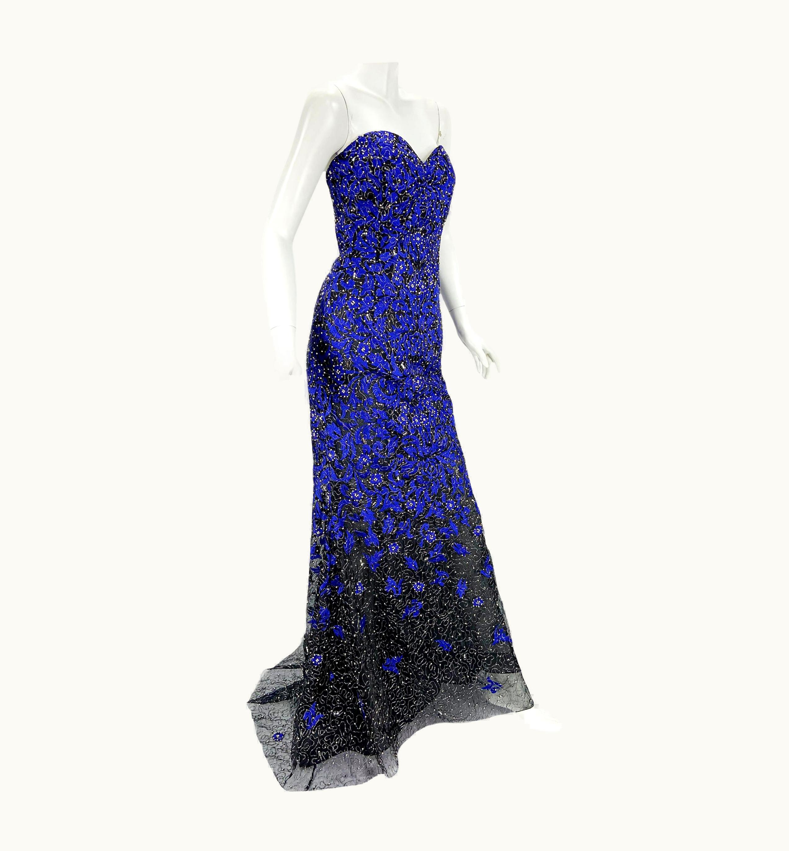 Oscar De La Renta Oscar De La Renta AW 2014 Blue Black Embroidered Beaded Corset Dress Gown Us