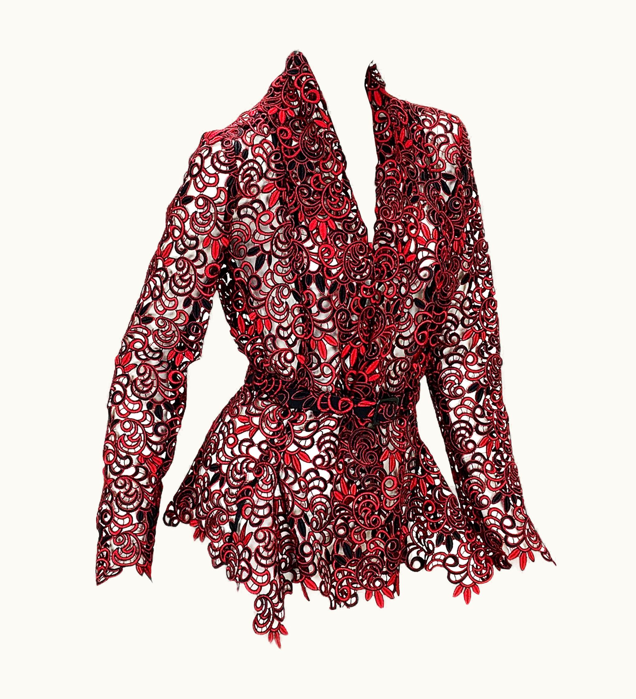 Oscar De La Renta Oscar De La Renta Runway AW 2014 Lace Red Black Jacket Belted Blazer Us