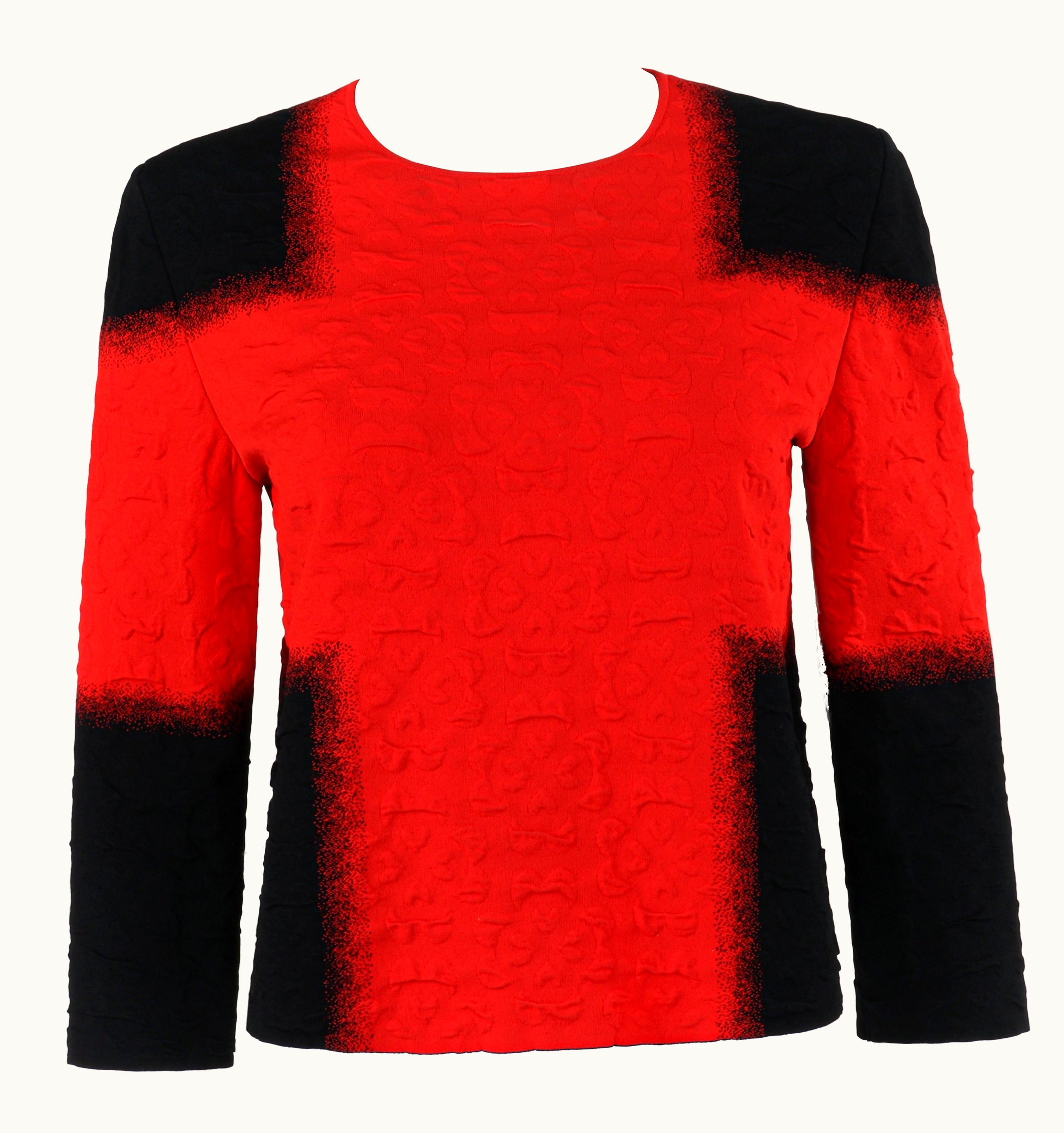 Alexander McQueen Alexander McQUEEN Resort 2015 Black Red Embossed Stretch Knit Colorblock Top