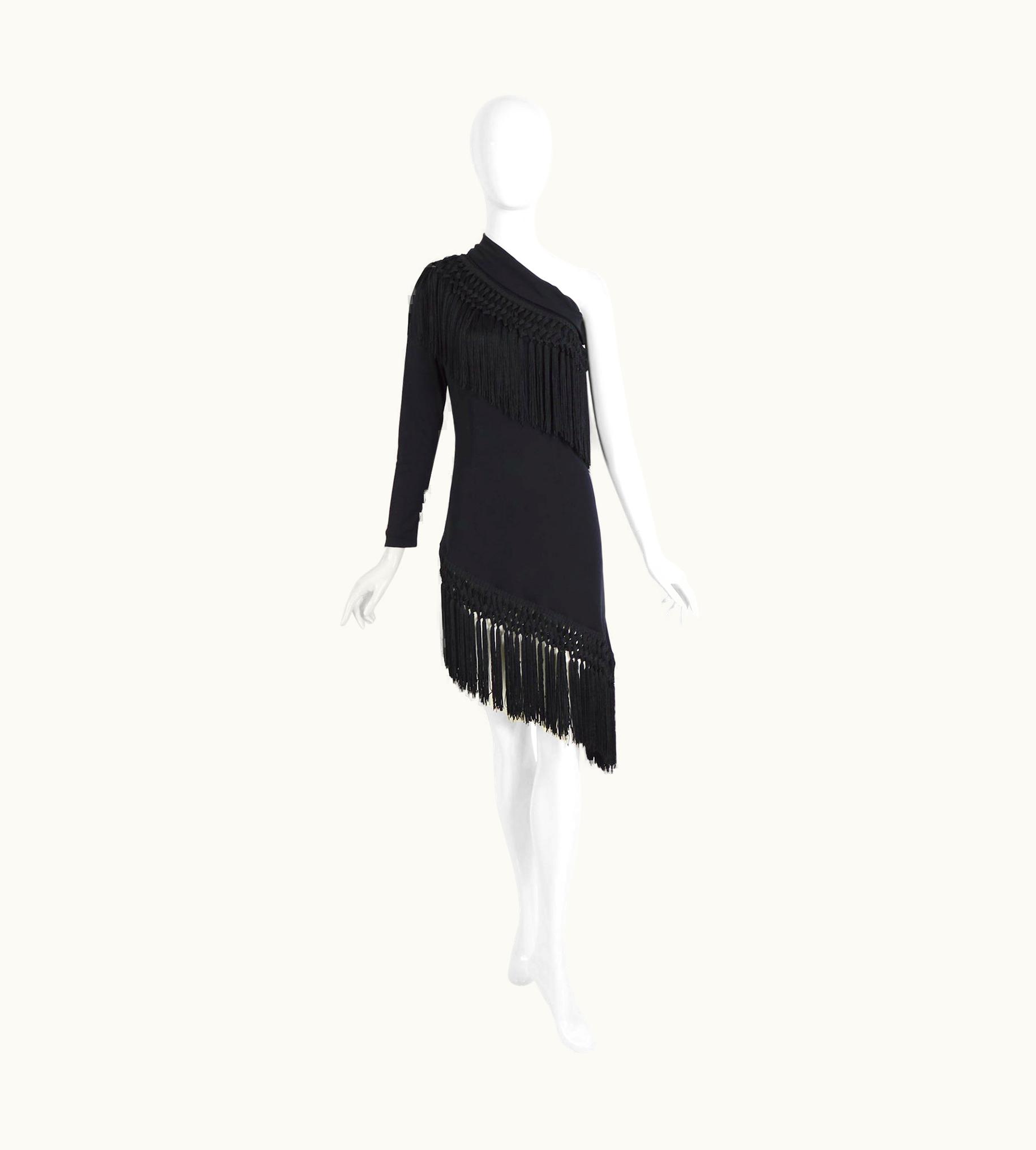 Dolce & Gabbana Spring Summer 2015 One Sleeve Black Jersey & Tassel Dress