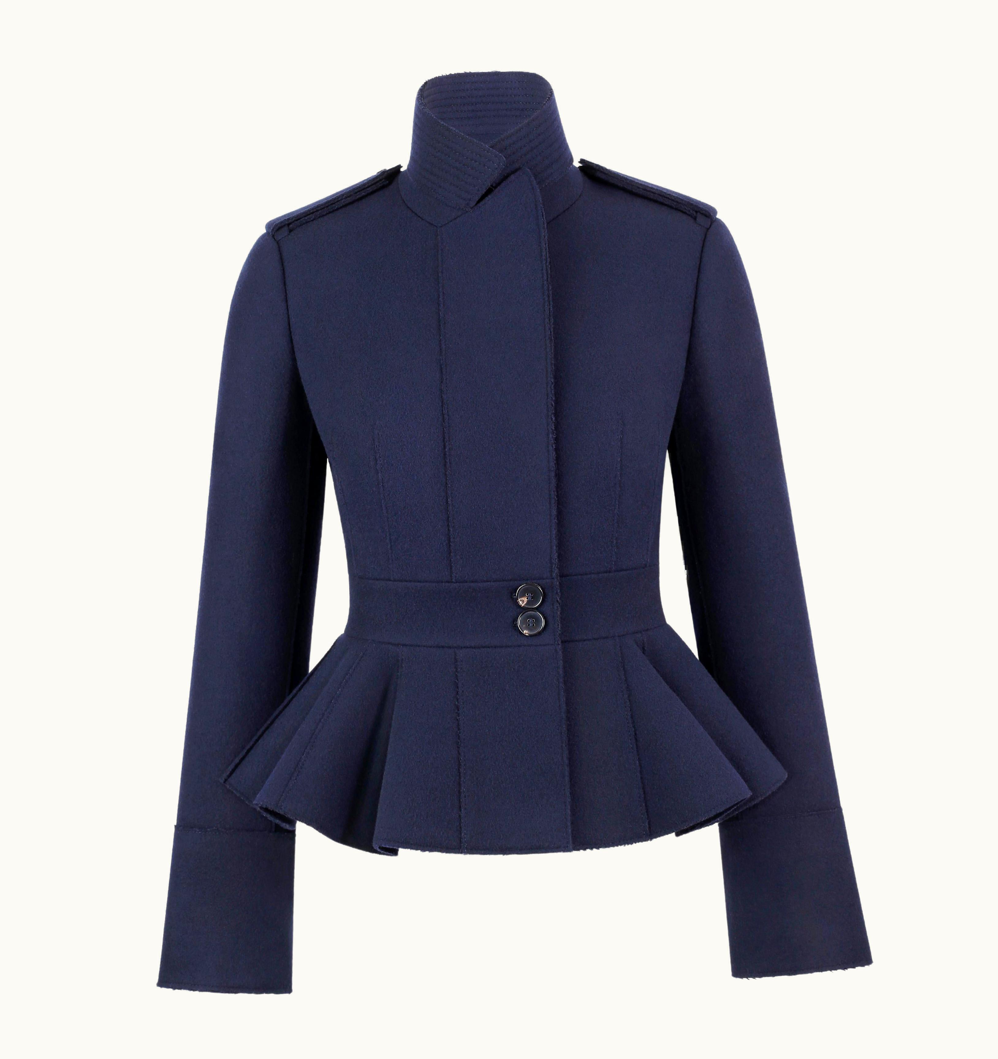 Alexander McQueen Pre-Fall 2015 Navy Wool Peplum Military Style Blazer Jacket