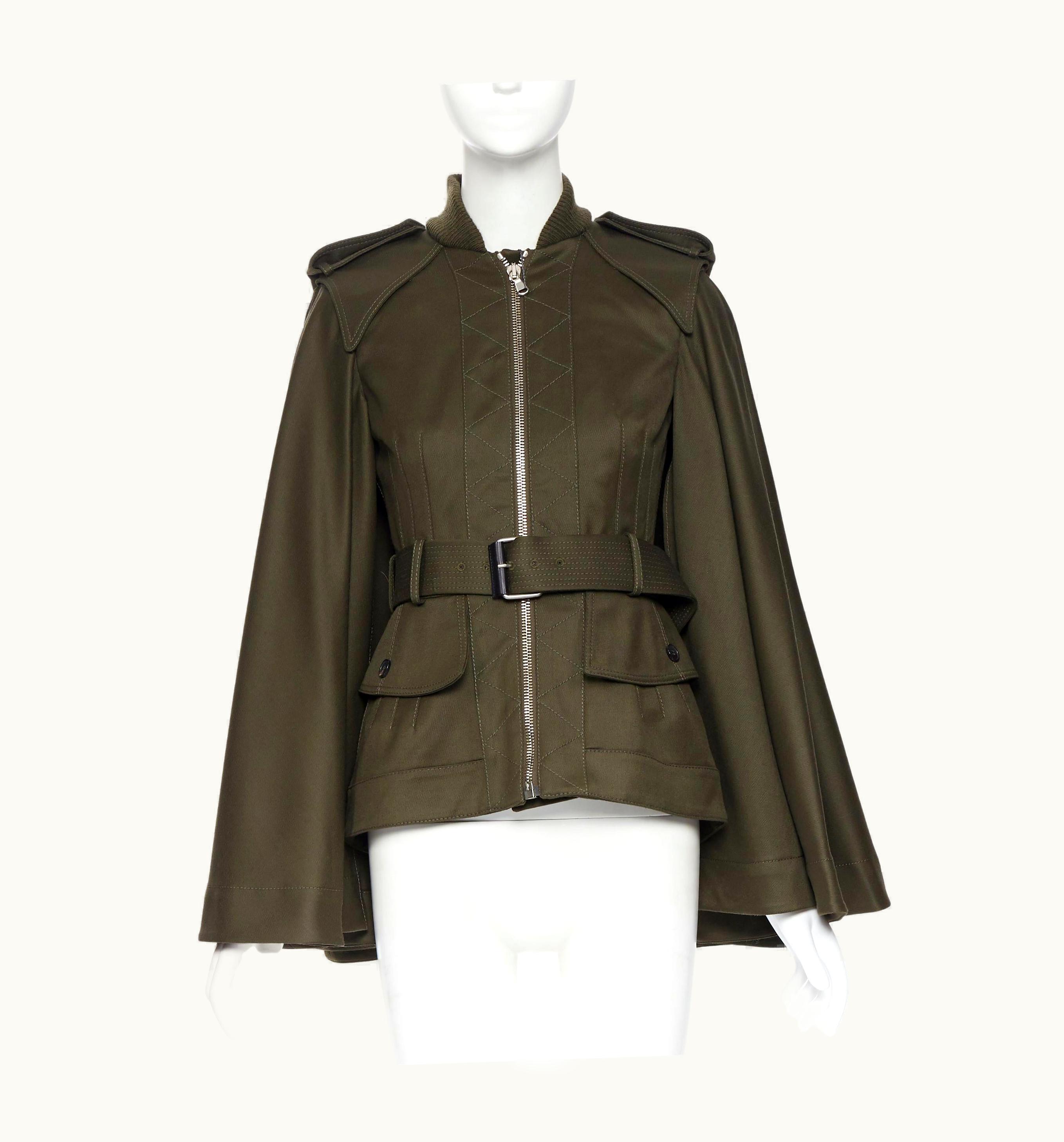 Alexander McQueen 2015 Khaki Green Belted Military Cape Jacket UZ0603526