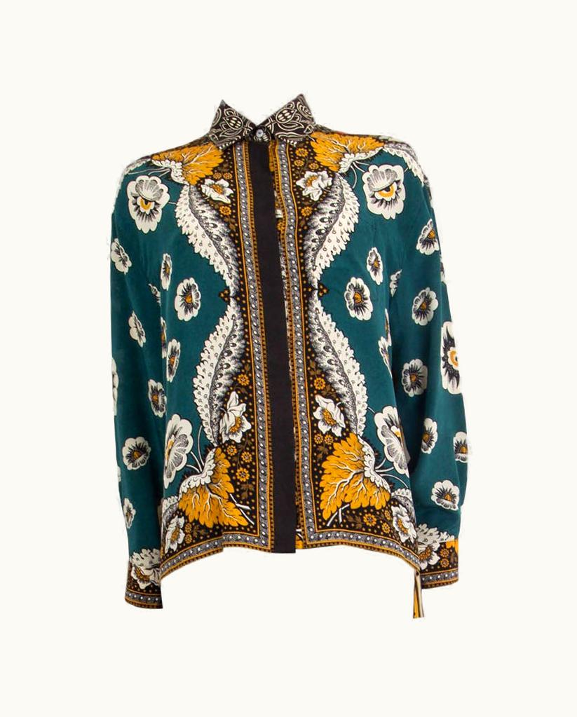 Valentino Petrol Yellow Brown Silk Floral 2015 Blouse Shirt