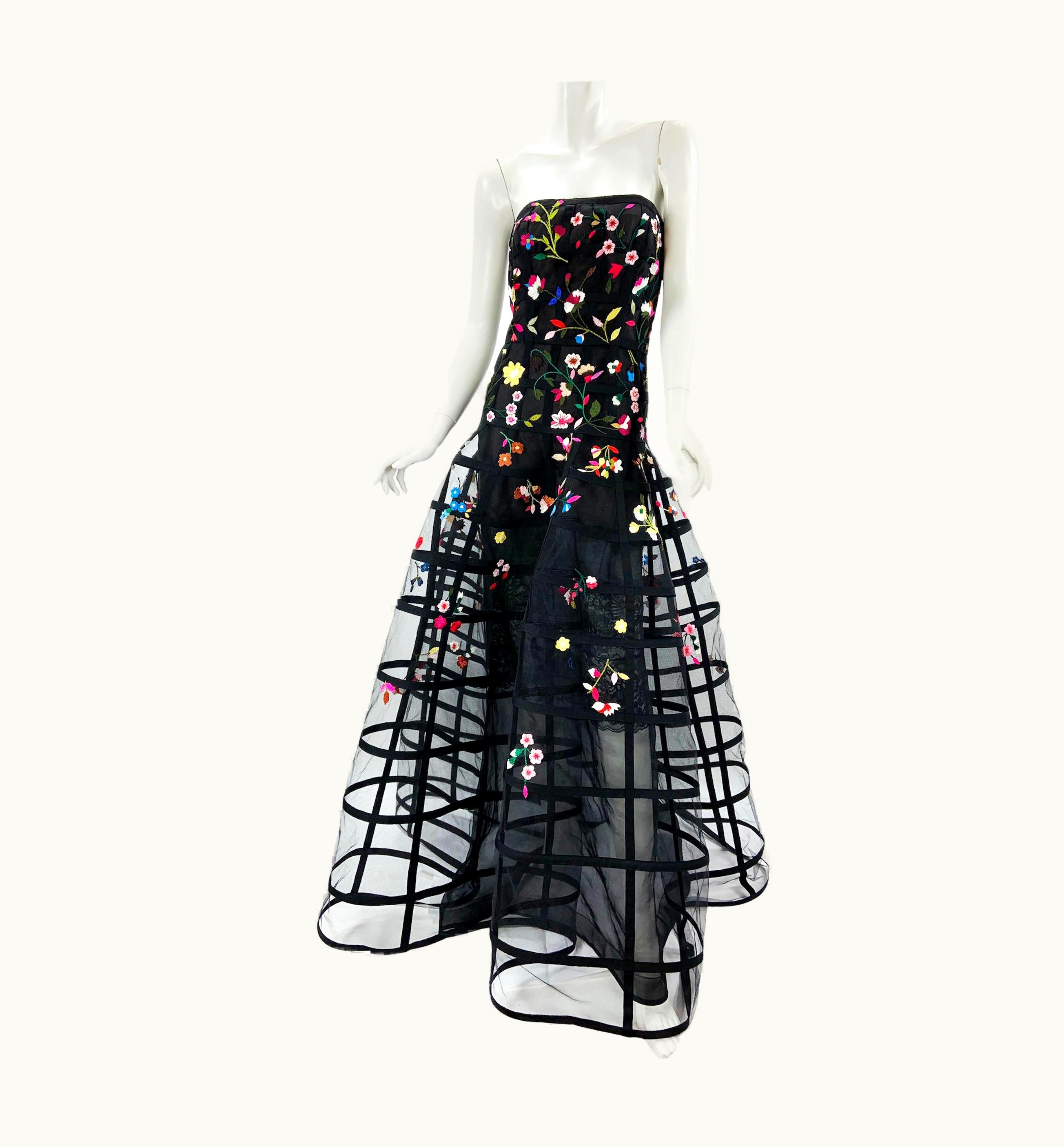 Oscar De La Renta 2015 Collection Flower Embroidered Cage Corset Dress Gown Us