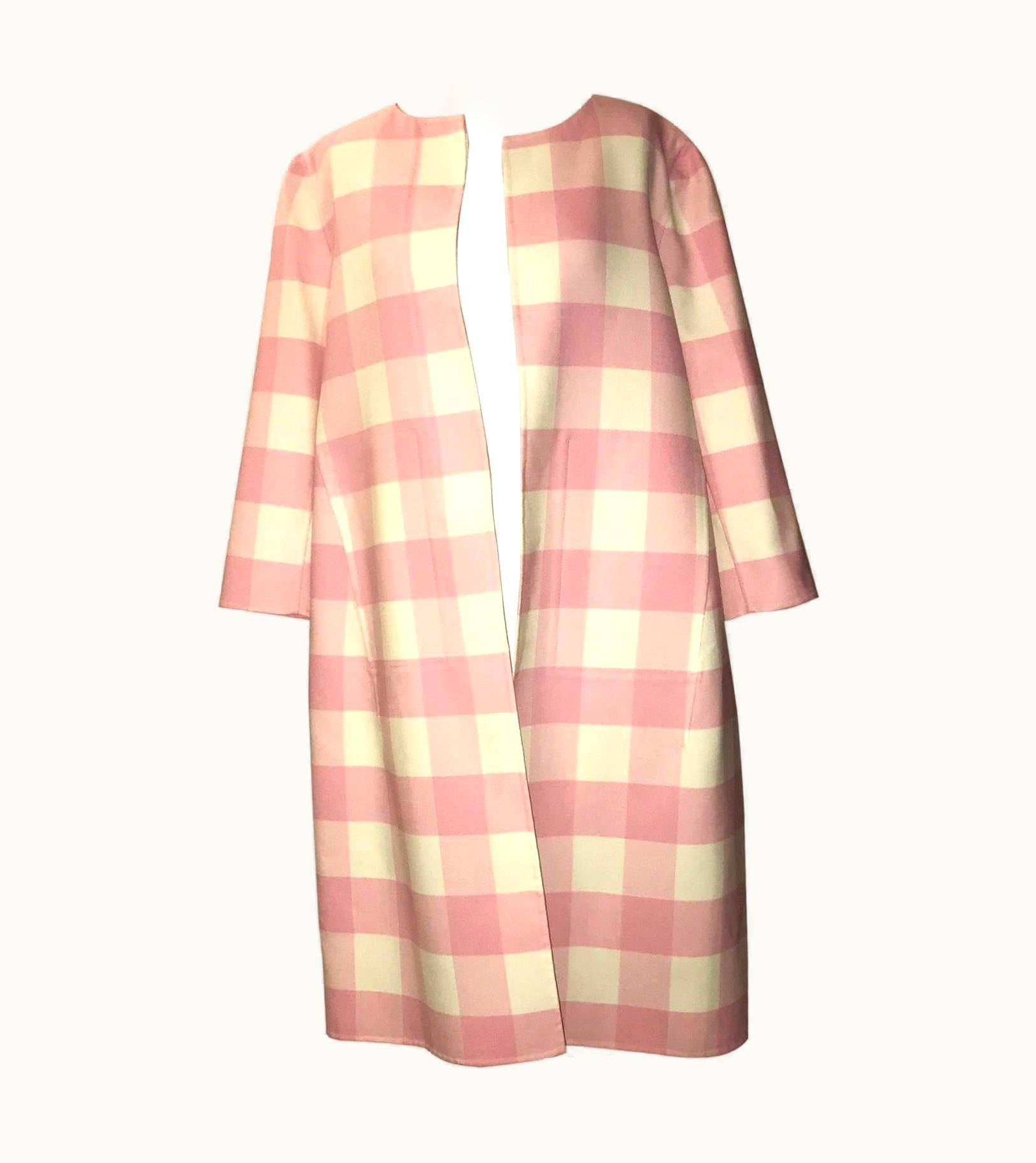 Oscar De La Renta Runway Pink White Buffalo Check Virgin Wool Coat 2015